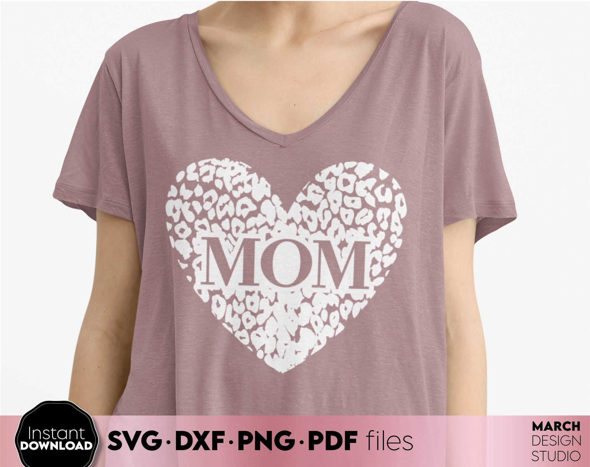 Mom leopard print heart. Nice design for mother day or mom birthday gift ideas. SVG PNG EPS DXF files included. Compatible with Cricut, Silhouette. Cut from vinyl, use for printing, sublimation or laser cut projects. Buy now for a good price, enjoy!