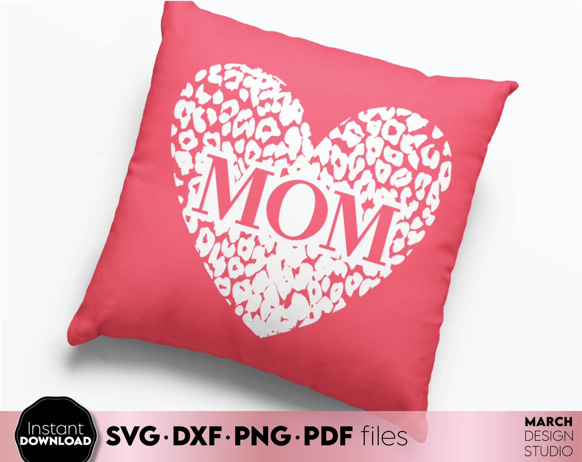 Mom leopard print heart. Nice design for mother day or mom birthday gift ideas. SVG PNG EPS DXF files included. Compatible with Cricut, Silhouette. Cut from vinyl, use for printing, sublimation or laser cut projects. Buy now for a good price, enjoy!