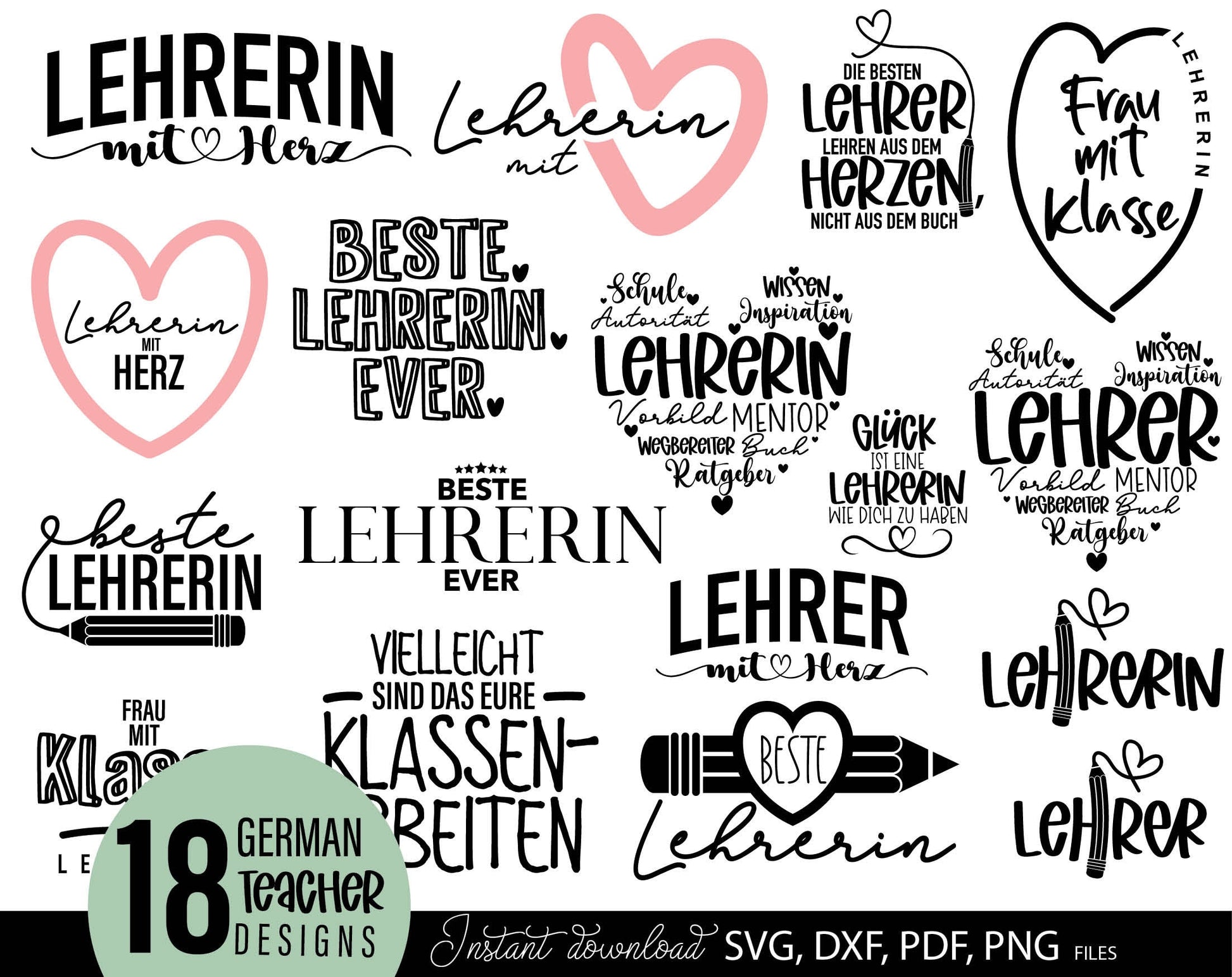 German teacher quotes bundle plotter files. SVG DXF PDF PNG files included. Compatible with Cricut, Silhouette or other machines. Cut from vinyl, use for sublimation or laser cut projects. Buy now for a good price and enjoy!