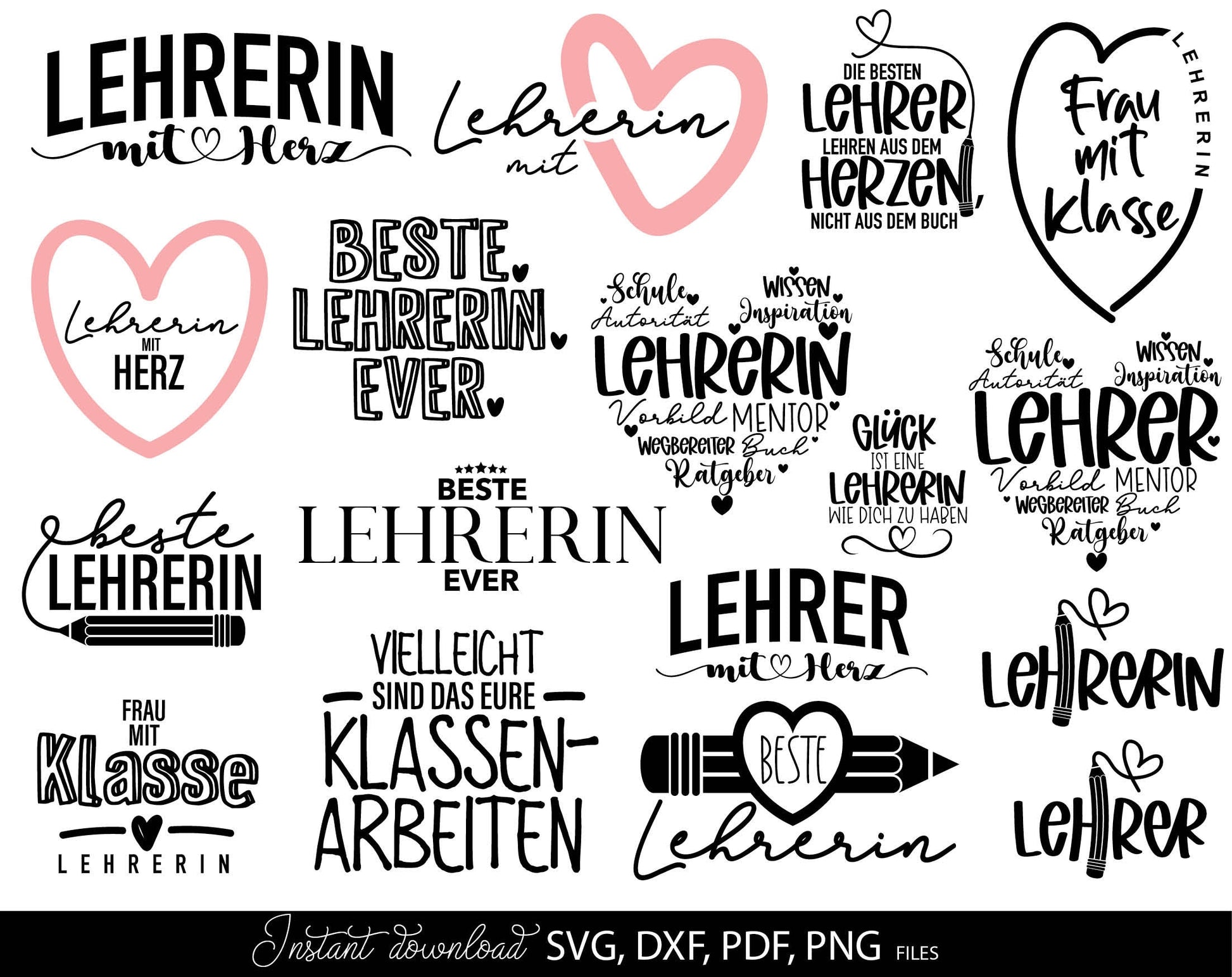 German teacher quotes bundle plotter files. SVG DXF PDF PNG files included. Compatible with Cricut, Silhouette or other machines. Cut from vinyl, use for sublimation or laser cut projects. Buy now for a good price and enjoy!