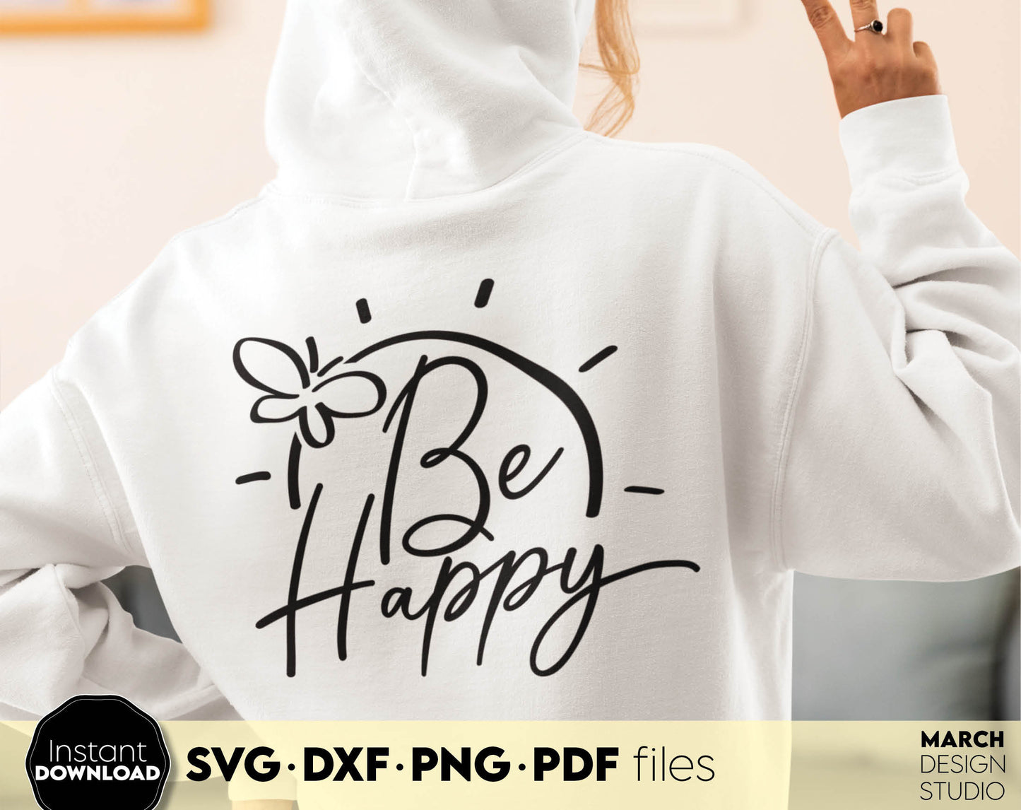 Be happy shirt design. Sunshine and positive quote. SVG, PNG, JPG, EPS, DXF files included. Cut from vinyl, use for sublimation or laser cut / grave projects. Compatible with Cricut, Silhouette or other machines. Buy now for a good price and enjoy!