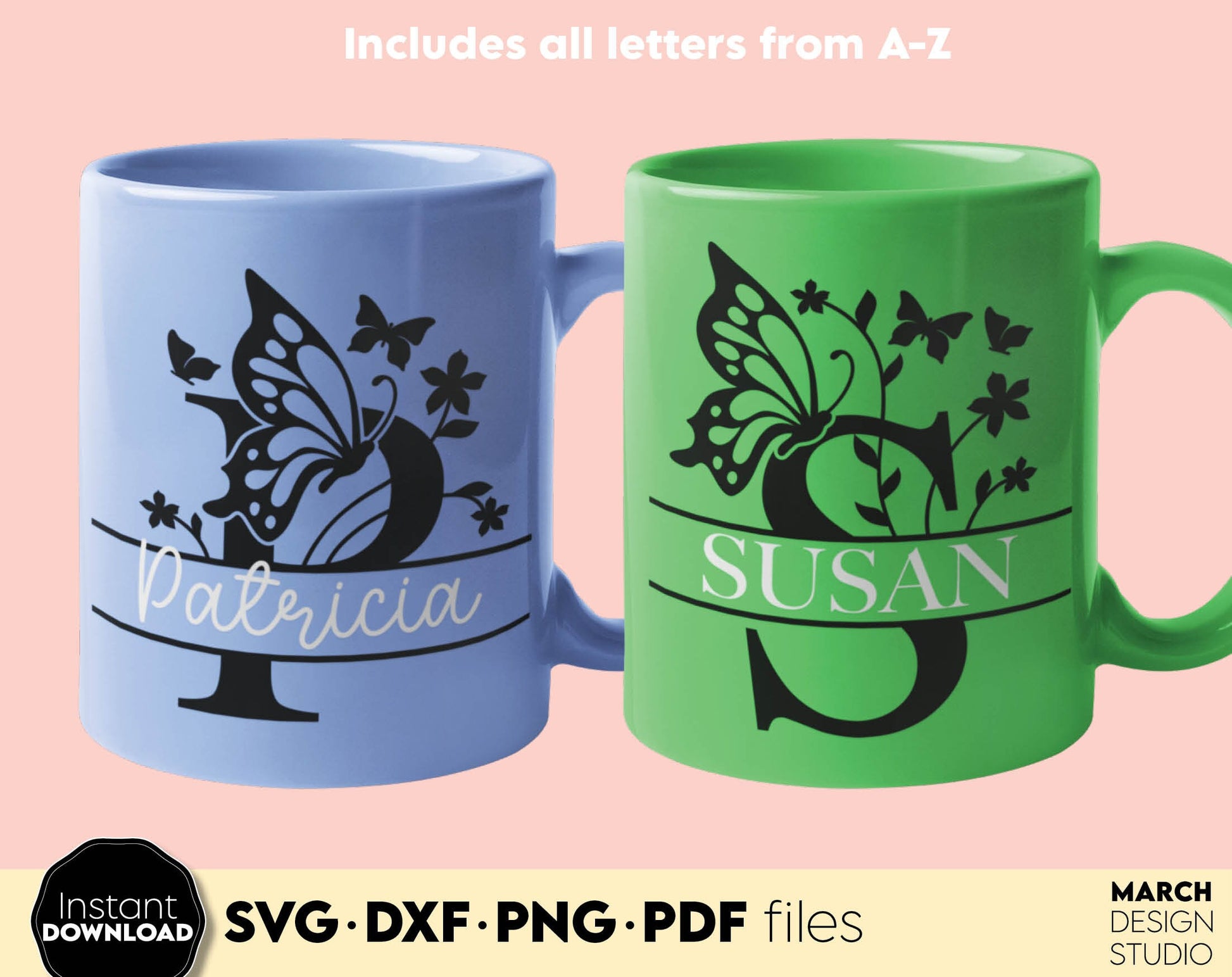 Butterfly Split Monogram Alphabet Letter Bundle for Your Birthday, Easter or other custom gift ideas. SVG DXF PNG PDF files included. Compatible with Cricut, Silhouette or other equipment. Cut from vinyl, use for sublimation or laser cut or grave.