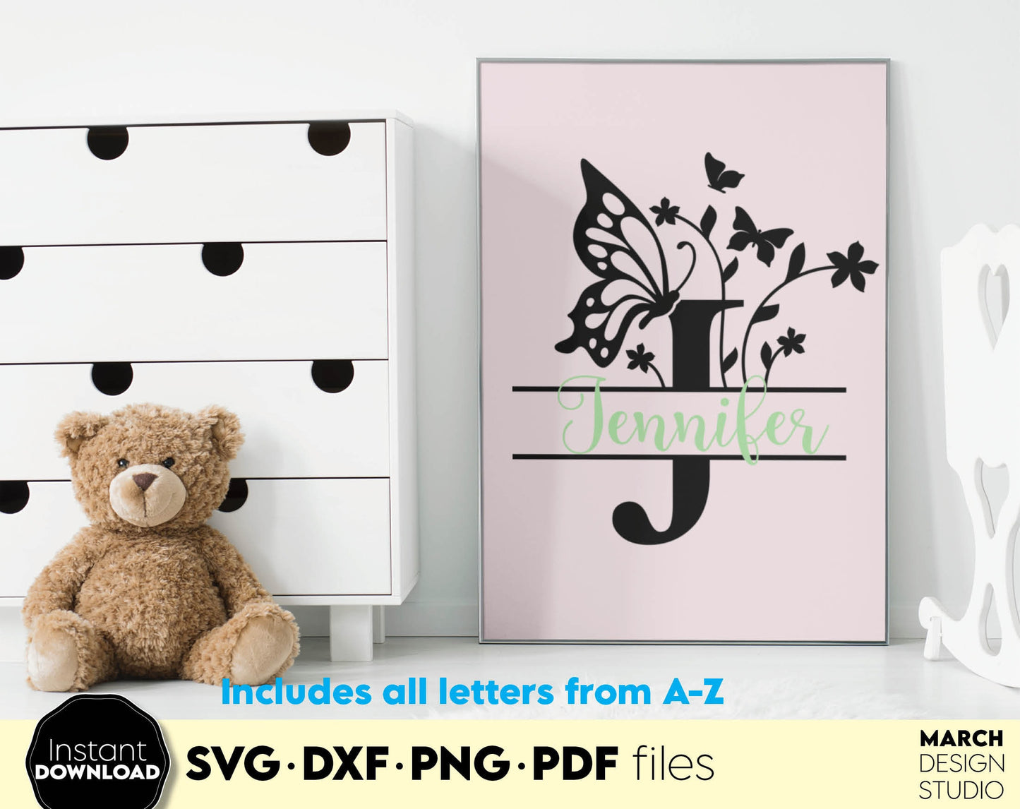 Butterfly Split Monogram Alphabet Letter Bundle for Your Birthday, Easter or other custom gift ideas. SVG DXF PNG PDF files included. Compatible with Cricut, Silhouette or other equipment. Cut from vinyl, use for sublimation or laser cut or grave.