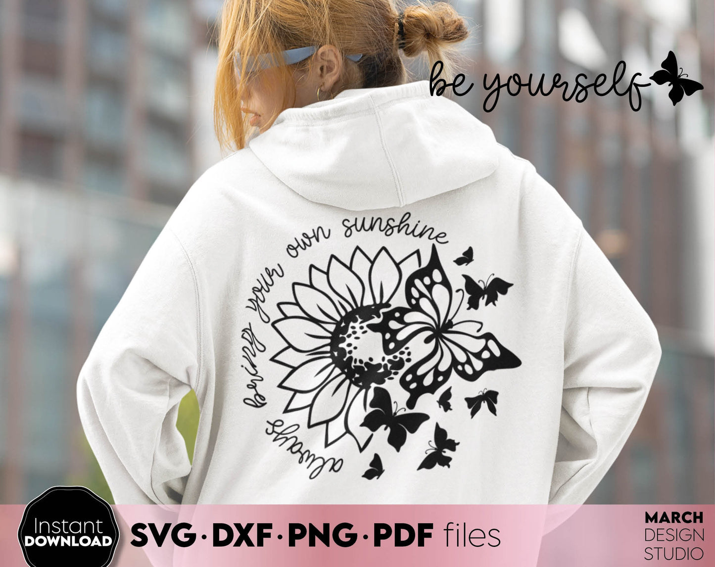 Always Bring Your Own Sunshine. Sunflower and butterfly on it! SVG DXF PNG PDF files included. Compatible with Cricut, Silhouette or other equipment. Cut from vinyl, use for sublimation or laser cut projects. Buy now for a good price and enjoy!