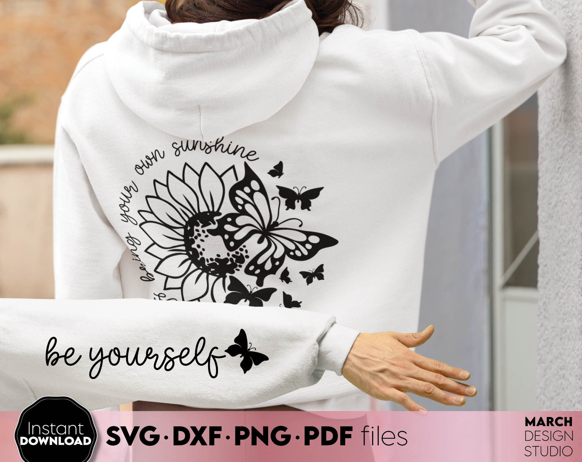 Always Bring Your Own Sunshine. Sunflower and butterfly on it! SVG DXF PNG PDF files included. Compatible with Cricut, Silhouette or other equipment. Cut from vinyl, use for sublimation or laser cut projects. Buy now for a good price and enjoy!