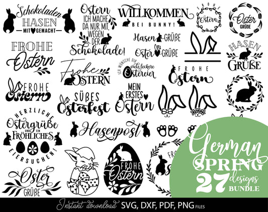 German Ostern Plotter File SVG DXF PNG | Spring Bunny Chick Heart Botanical Wreath | Cricut Silhouette Download Plotting Bundle Ostern