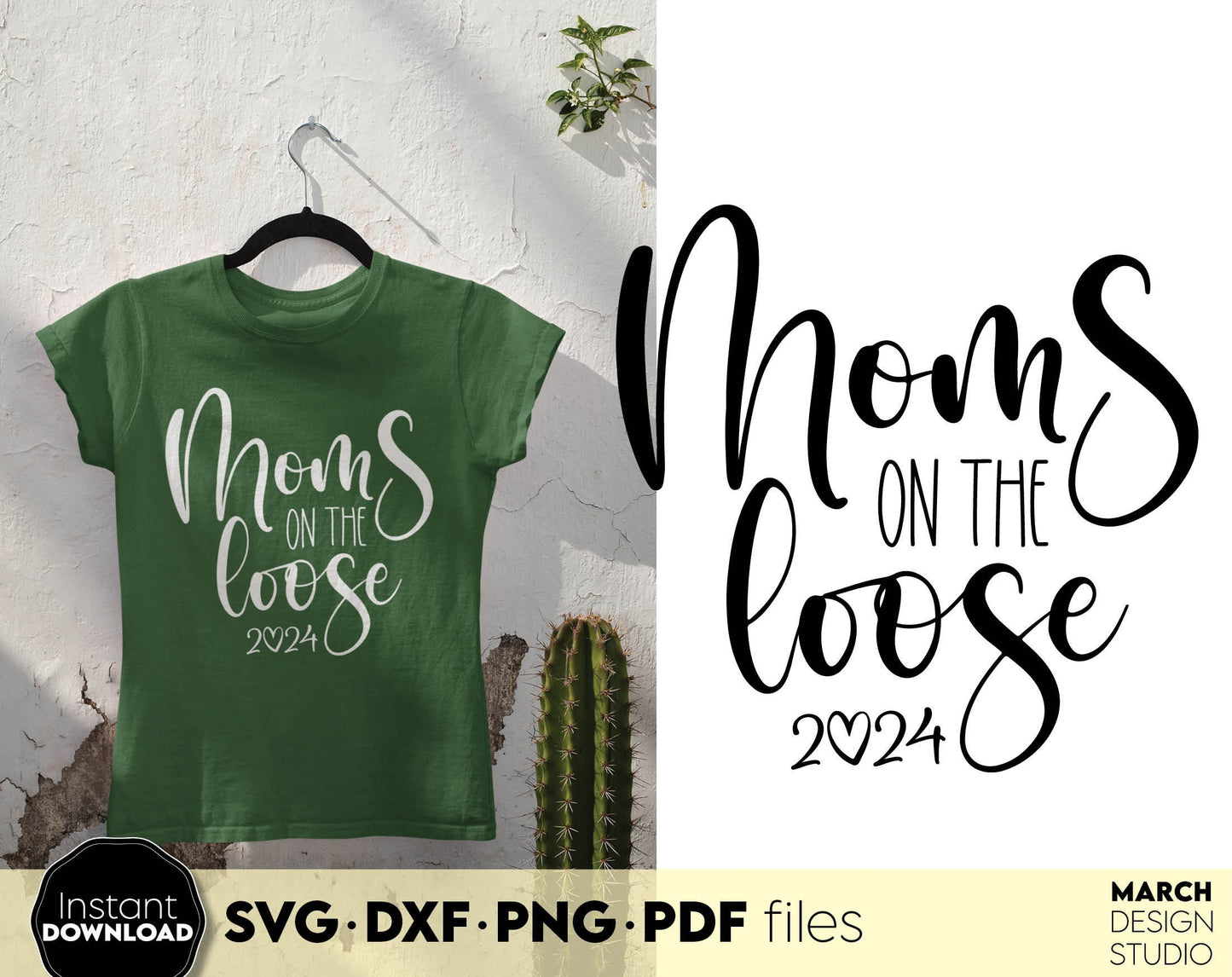 Mom on the loose design. SVG, PNG, JPG, EPS, DXF files included. Use for Cricut, Silhouette and other machines. Cut from vinyl, use for sublimation or laser cut projects. But now for a good price and enjoy!