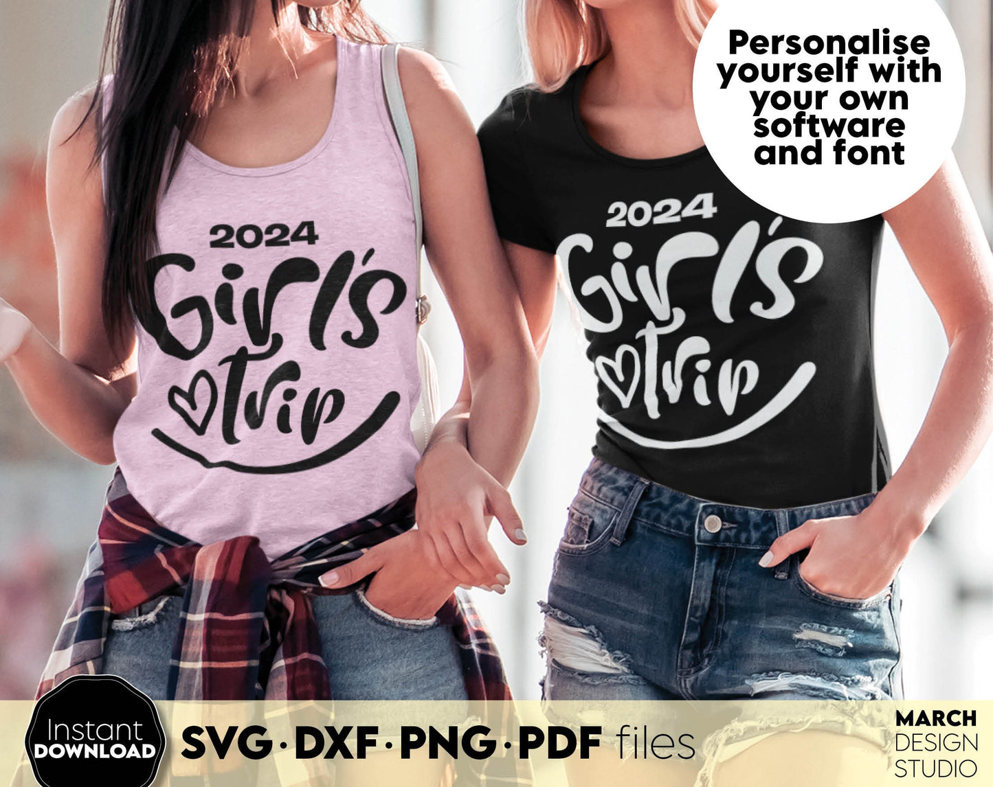 Custom Girls Trip 2024 shirt design with option put the name on it. SVG DXF PNG PDF files included. Compatible with Cricut, Silhouette or sublimation printers. Cut from vinyl, use for sublimation or laser projects. Buy now for a good price and enjoy!