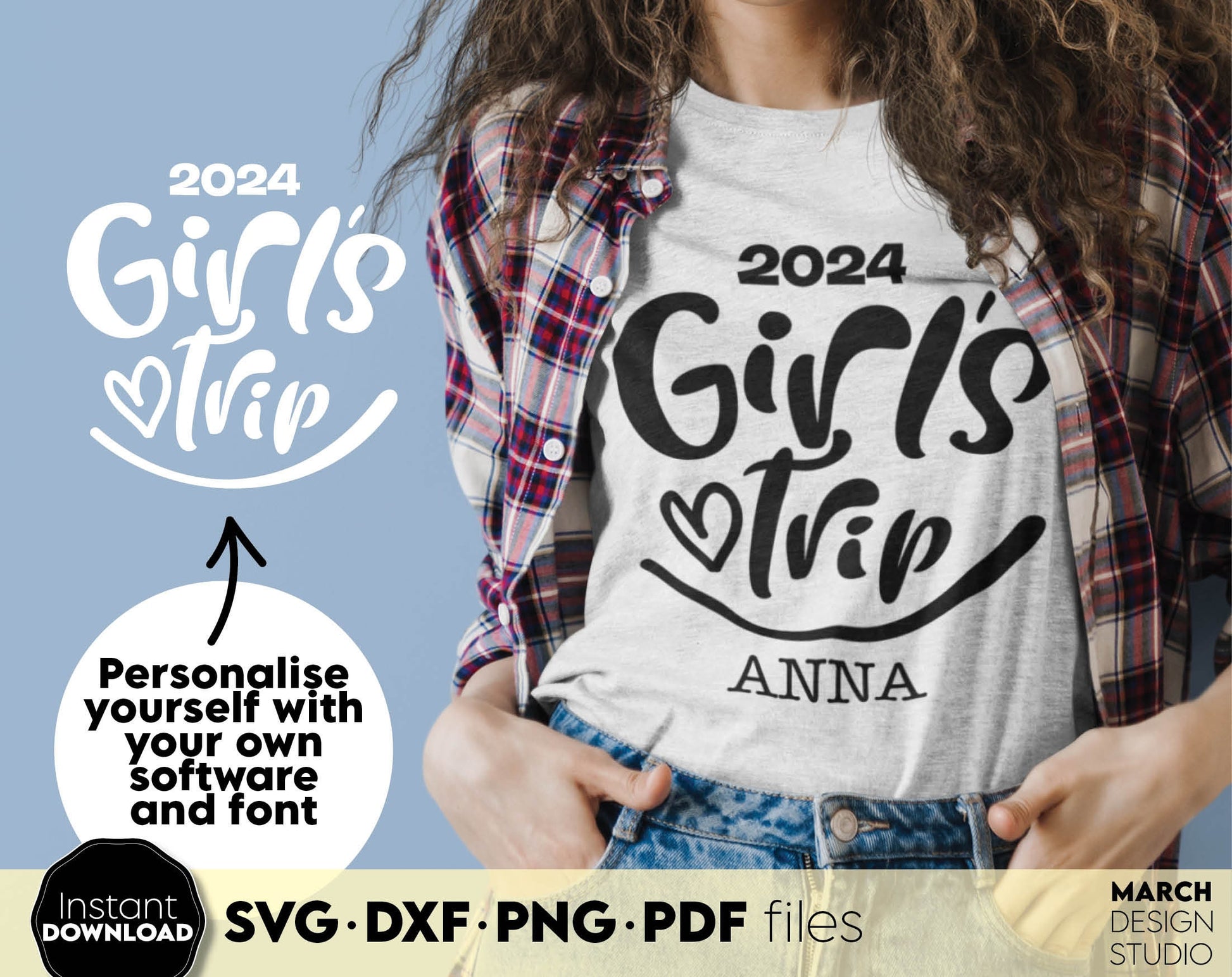 Custom Girls Trip 2024 shirt design with option put the name on it. SVG DXF PNG PDF files included. Compatible with Cricut, Silhouette or sublimation printers. Cut from vinyl, use for sublimation or laser projects. Buy now for a good price and enjoy!