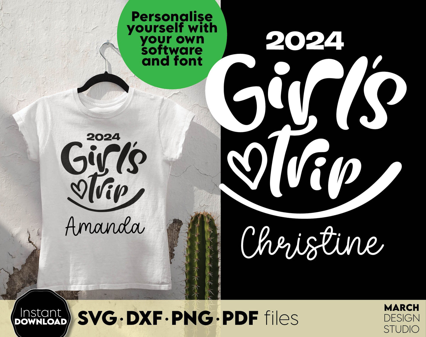 Custom Girls Trip 2024 shirt design with option put the name on it. SVG DXF PNG PDF files included. Compatible with Cricut, Silhouette or sublimation printers. Cut from vinyl, use for sublimation or laser projects. Buy now for a good price and enjoy!