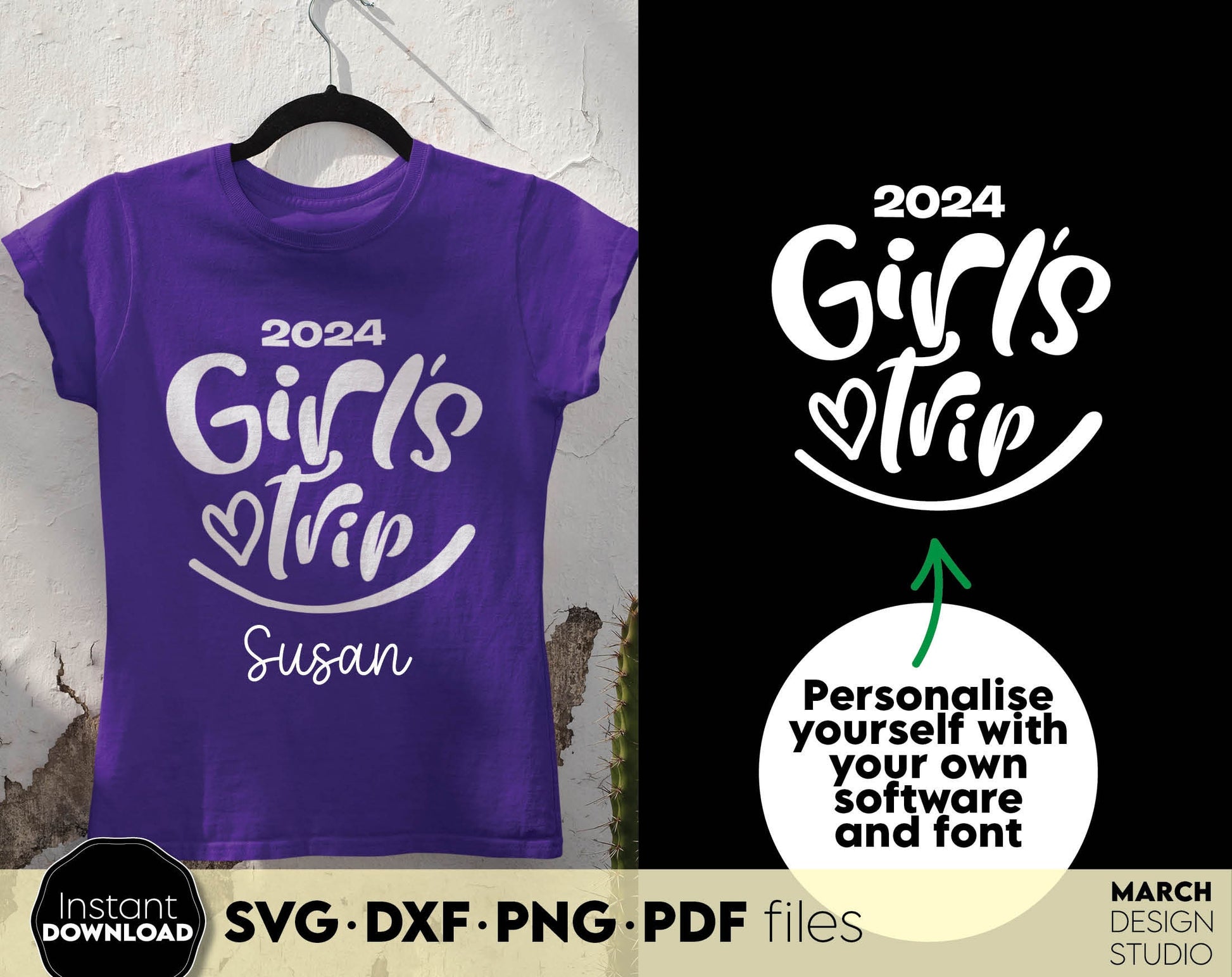 Custom Girls Trip 2024 shirt design with option put the name on it. SVG DXF PNG PDF files included. Compatible with Cricut, Silhouette or sublimation printers. Cut from vinyl, use for sublimation or laser projects. Buy now for a good price and enjoy!