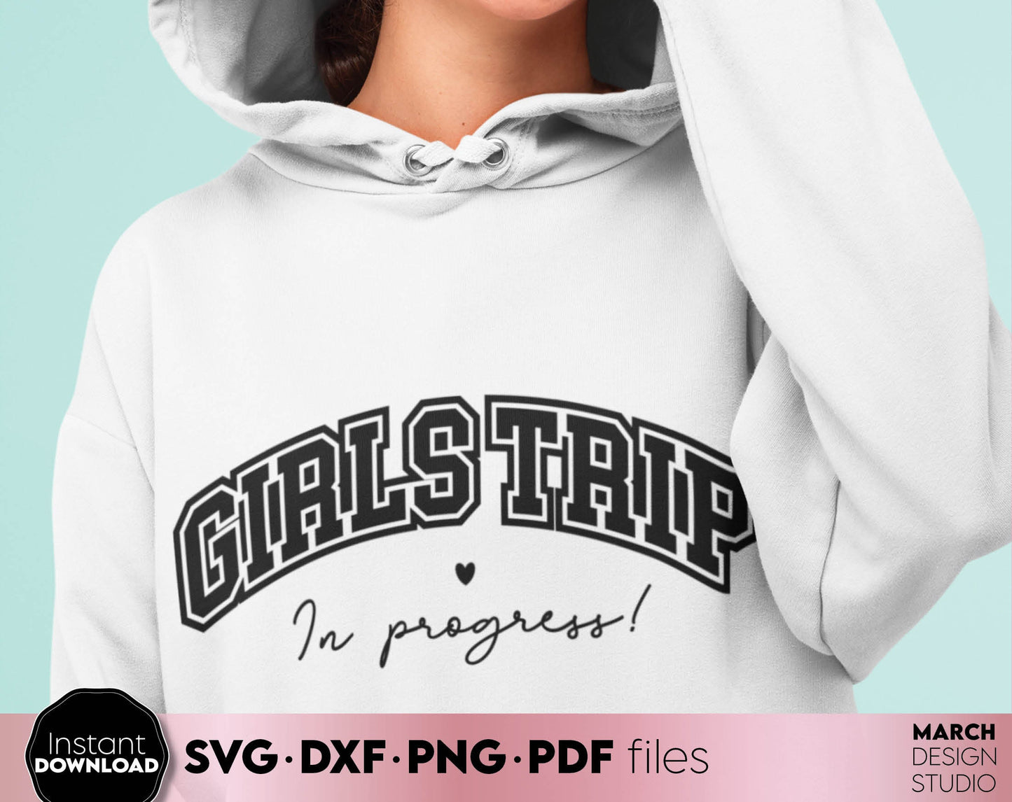 Girls Trip in progress shirt design for matching girls weekend shirts. SVG DXF PNG PDF files included. Compatible with Cricut, Silhouette or sublimation printers. Cut from vinyl, use for sublimation or laser cut / grave projects as well. Buy now!