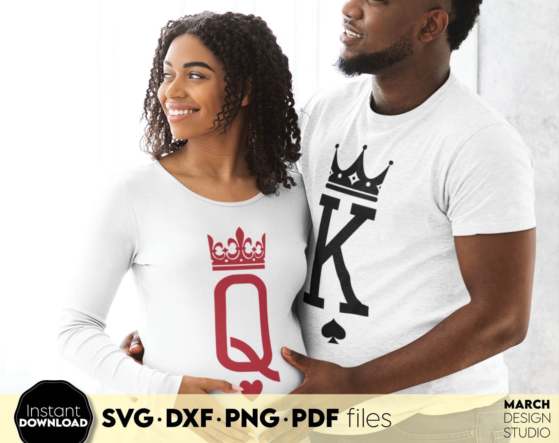 King and Queen matching couple shirts design. SVG DXF PNG PDF files included. Compatible with Cricut, Silhouette or other equipment. Cut from vinyl, use for sublimation or laser cut projects. Buy now for a good price and enjoy!