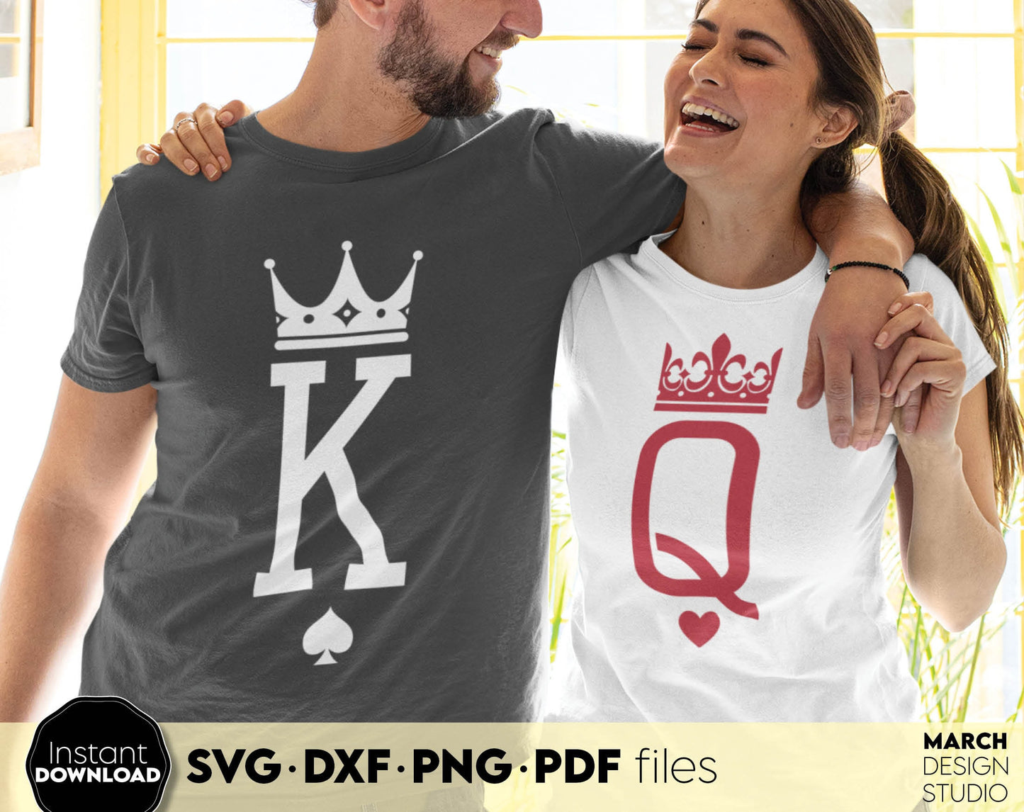 King and Queen matching couple shirts design. SVG DXF PNG PDF files included. Compatible with Cricut, Silhouette or other equipment. Cut from vinyl, use for sublimation or laser cut projects. Buy now for a good price and enjoy!