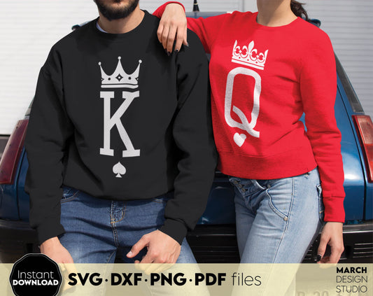 King and Queen matching couple shirts design. SVG DXF PNG PDF files included. Compatible with Cricut, Silhouette or other equipment. Cut from vinyl, use for sublimation or laser cut projects. Buy now for a good price and enjoy!