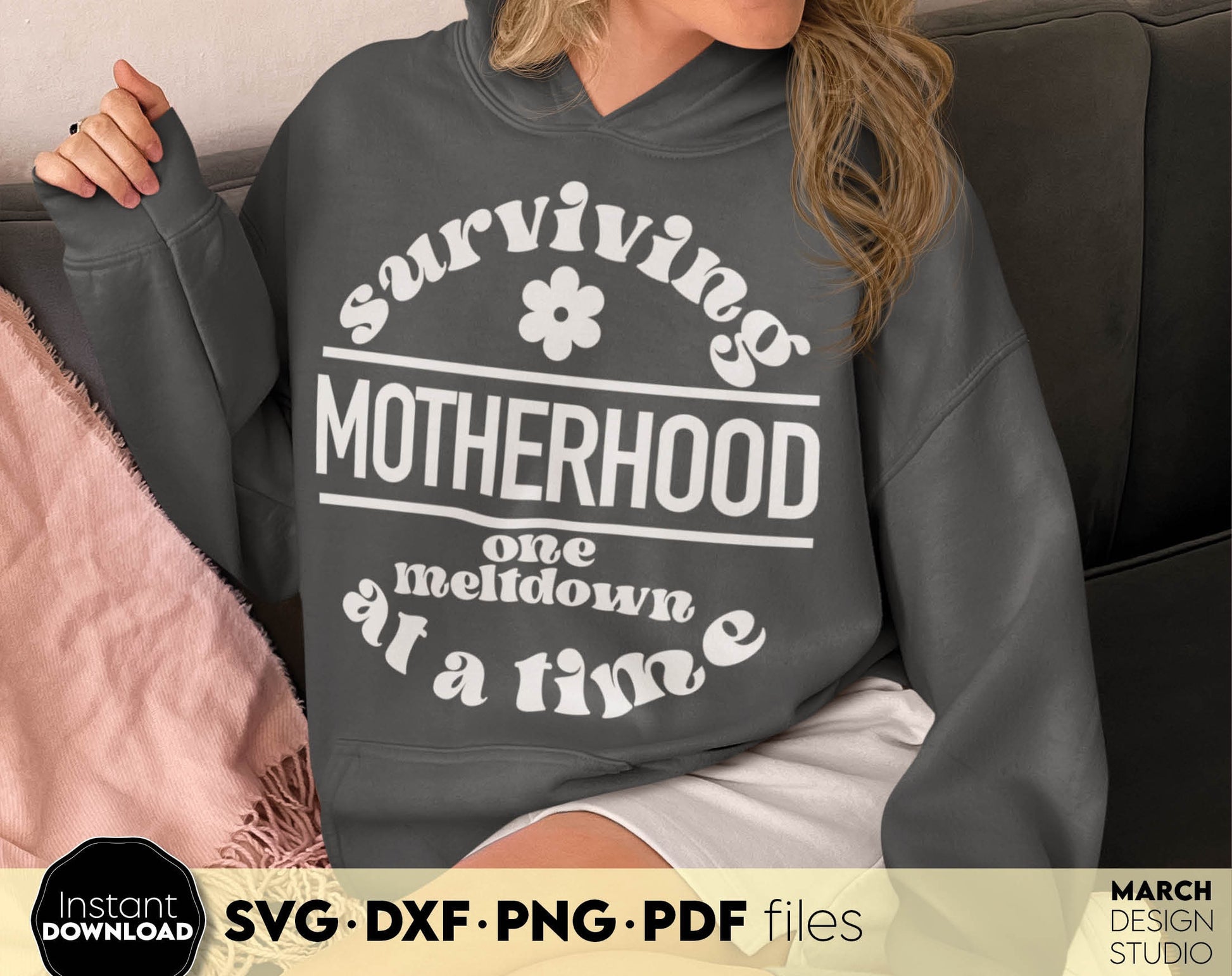 Surviving Motherhood one meltdown at a time shirt design. SVG DXF PNG PDF files included. Compatible with Cricut, Silhouette or other equipment. Cut from vinyl, use for sublimation or laser cut or grave projects. Buy now for a good price and enjoy!