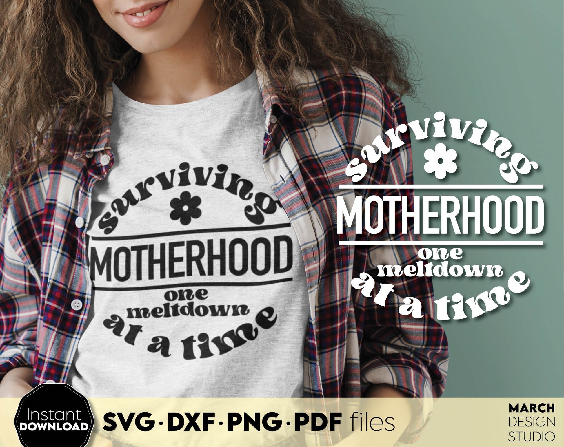 Surviving Motherhood one meltdown at a time shirt design. SVG DXF PNG PDF files included. Compatible with Cricut, Silhouette or other equipment. Cut from vinyl, use for sublimation or laser cut or grave projects. Buy now for a good price and enjoy!