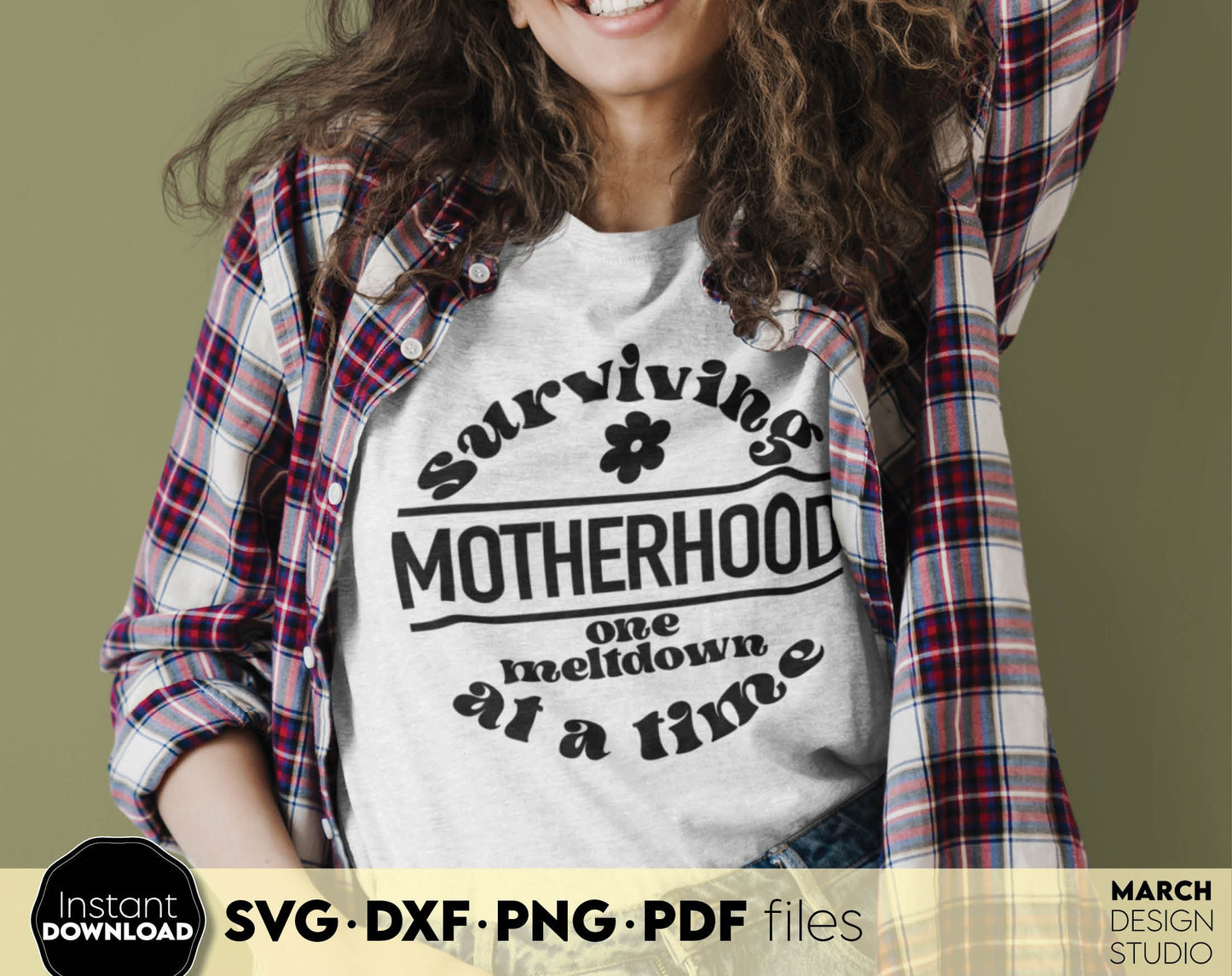 Surviving Motherhood one meltdown at a time shirt design. SVG DXF PNG PDF files included. Compatible with Cricut, Silhouette or other equipment. Cut from vinyl, use for sublimation or laser cut or grave projects. Buy now for a good price and enjoy!