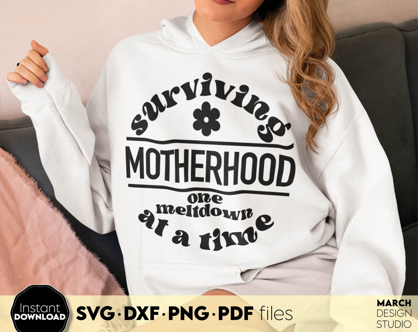 Surviving Motherhood one meltdown at a time shirt design. SVG DXF PNG PDF files included. Compatible with Cricut, Silhouette or other equipment. Cut from vinyl, use for sublimation or laser cut or grave projects. Buy now for a good price and enjoy!