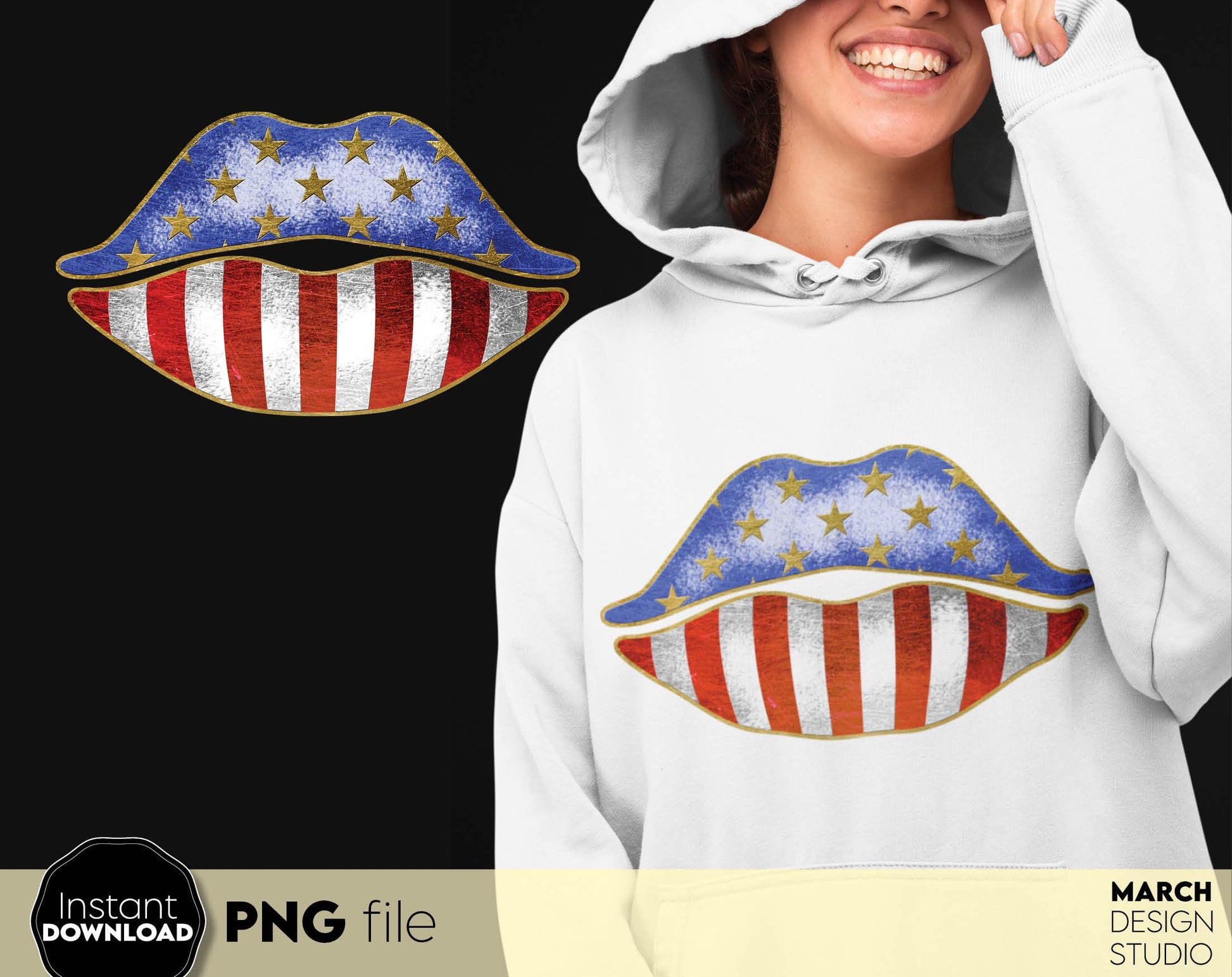 Patriotic Lips with blue red white stripes. PNG file included. Use for Your patriotic Independence shirt design with sublimation or other technic. Buy now for a good price and enjoy!