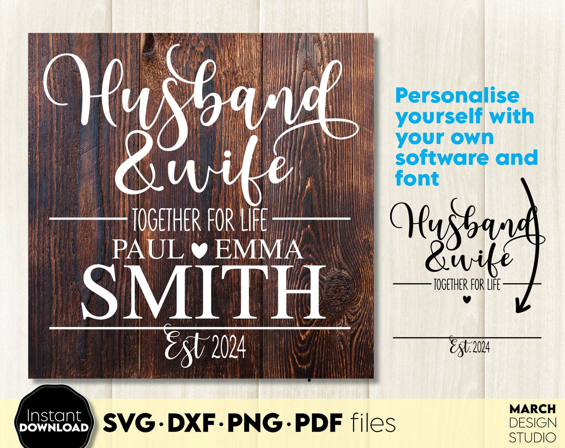 Husband and wife together for life design for wedding gift ideas. SVG DXF PNG PDF files included. Compatible with Cricut, Silhouette or sublimation printers. Cut from vinyl, use for sublimation or laser cut / grave projects as well. Buy now!