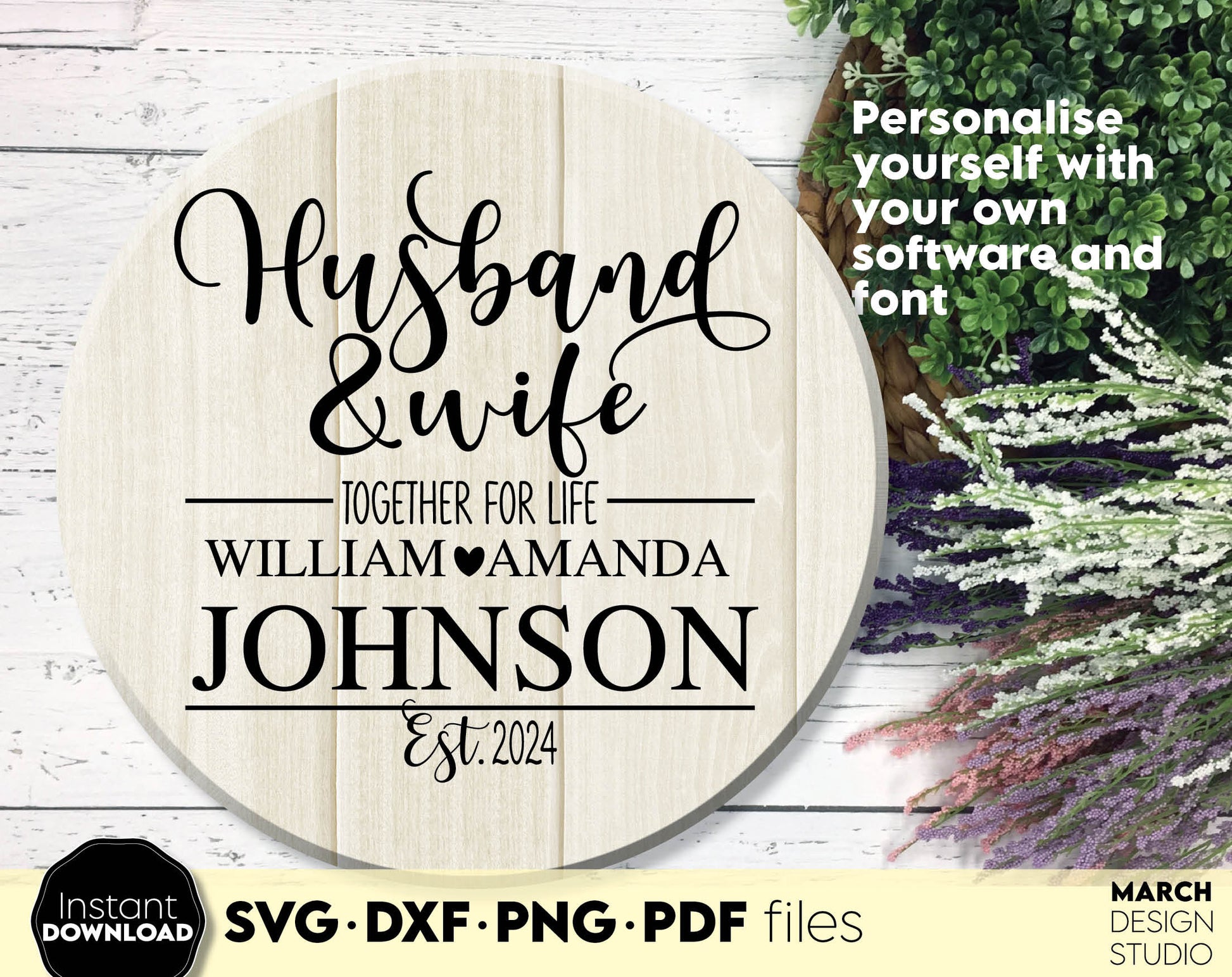 Husband and wife together for life design for wedding gift ideas. SVG DXF PNG PDF files included. Compatible with Cricut, Silhouette or sublimation printers. Cut from vinyl, use for sublimation or laser cut / grave projects as well. Buy now!