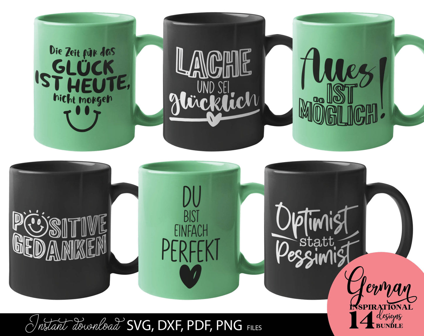 German Inspirational Quotes Plotter File SVG, PNG DXF JPG and PDF files included. Compatible with Cricut, Silhouette, Glowforge or other machines. Use for sublimation or laser cut projects as well. Buy now and enjoy! Discount prices available.