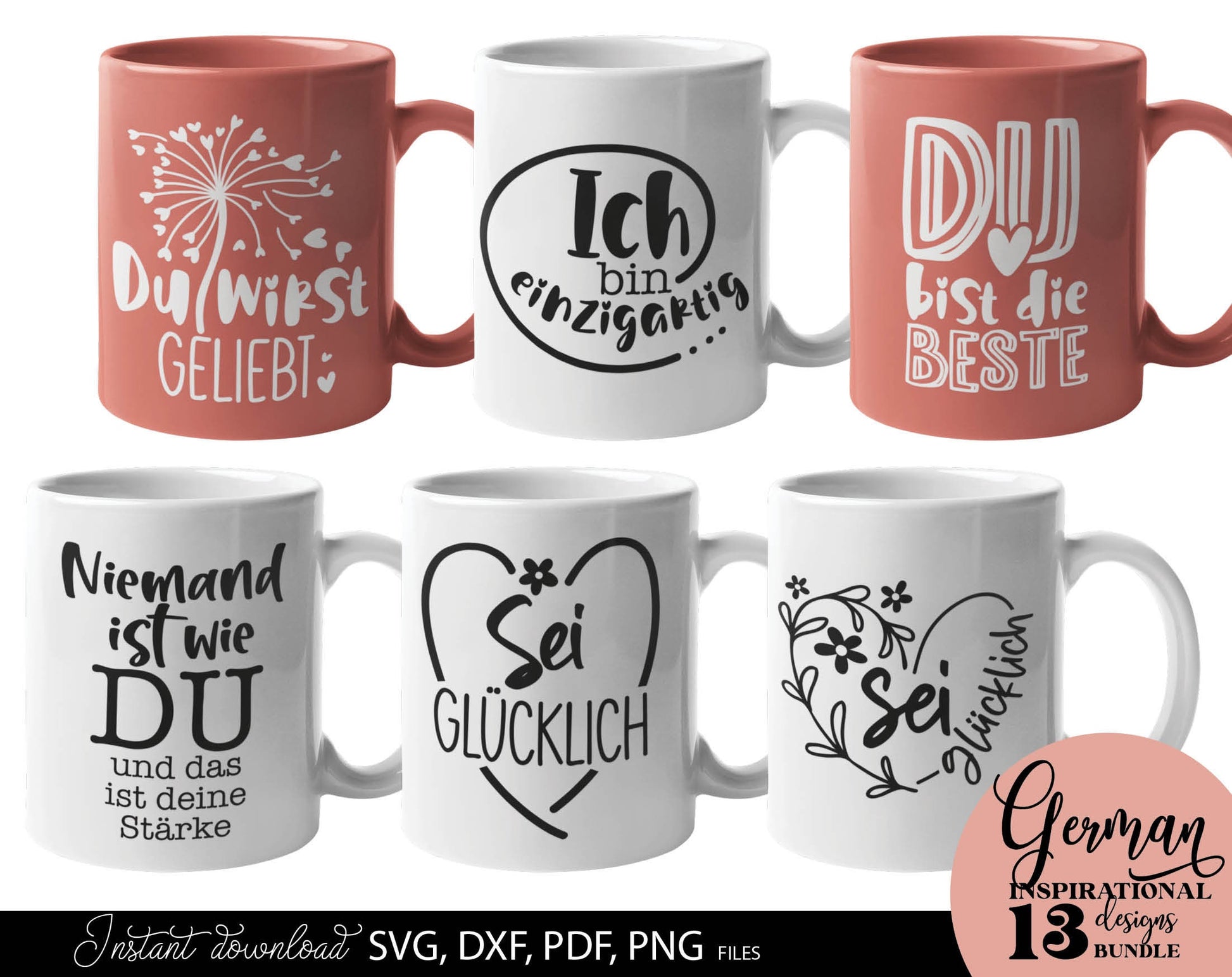 German Positive Quotes Plotter File SVG, PNG DXF JPG and PDF files included. Compatible with Cricut, Silhouette, Glowforge or other machines. Use for sublimation or laser cut projects as well. Buy now and enjoy! Discount prices available.