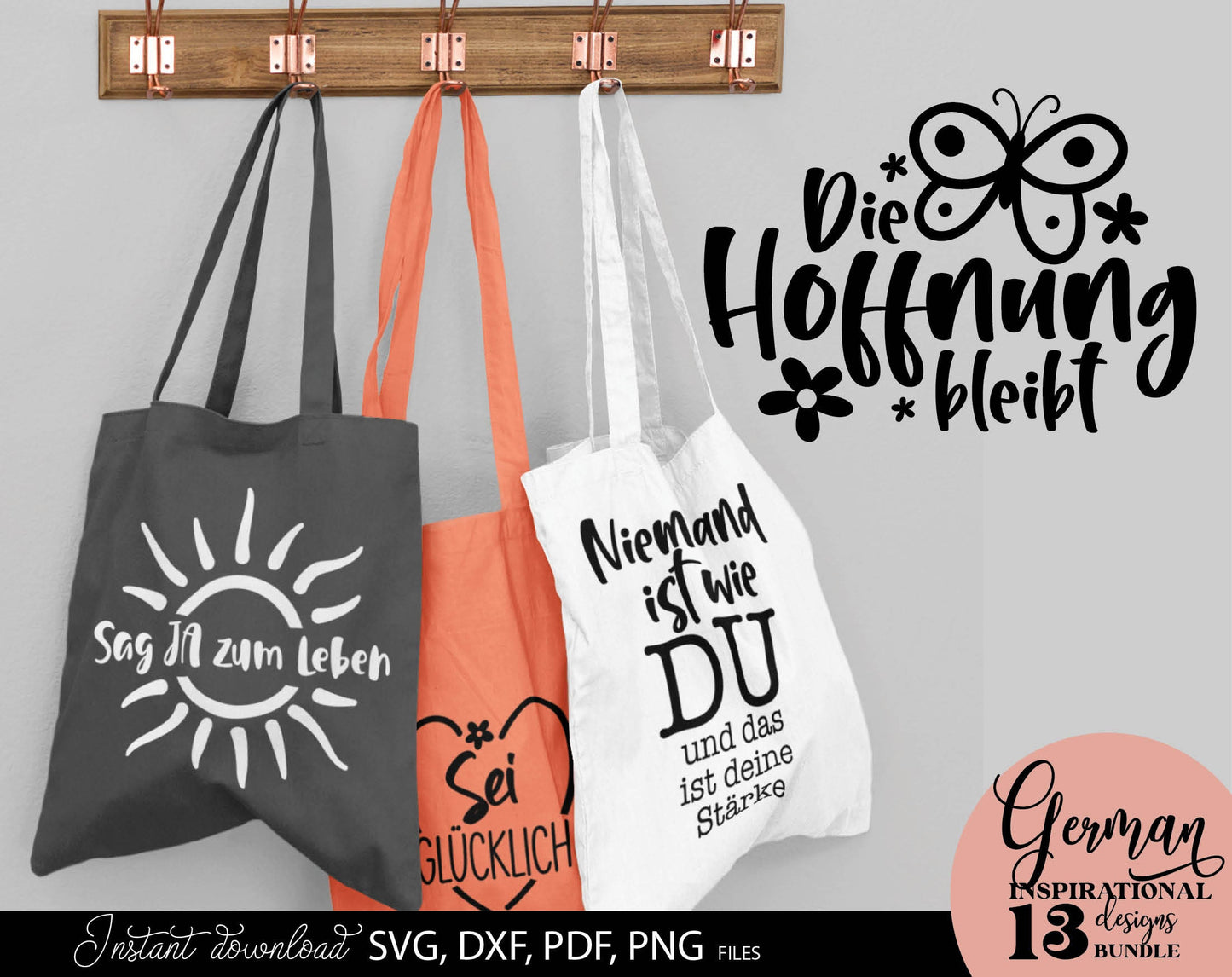 German Positive Quotes Plotter File SVG, PNG DXF JPG and PDF files included. Compatible with Cricut, Silhouette, Glowforge or other machines. Use for sublimation or laser cut projects as well. Buy now and enjoy! Discount prices available.