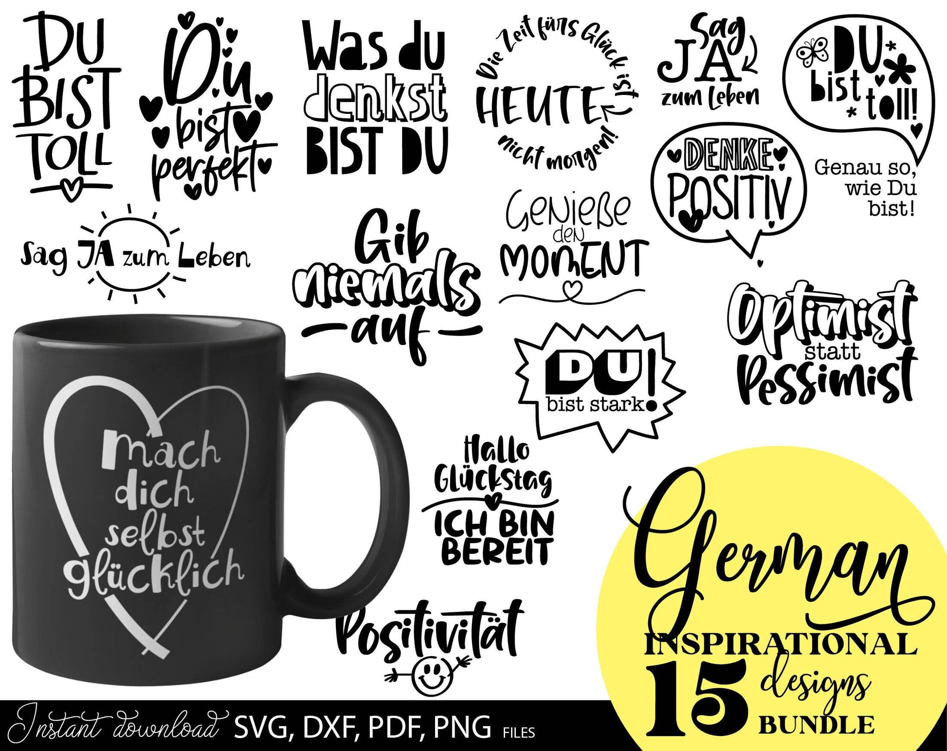 German Inspirational Quotes Plotter File SVG, PNG DXF JPG and PDF files included. Compatible with Cricut, Silhouette, Glowforge or other machines. Use for sublimation or laser cut projects as well. Buy now and enjoy! Discount prices available.