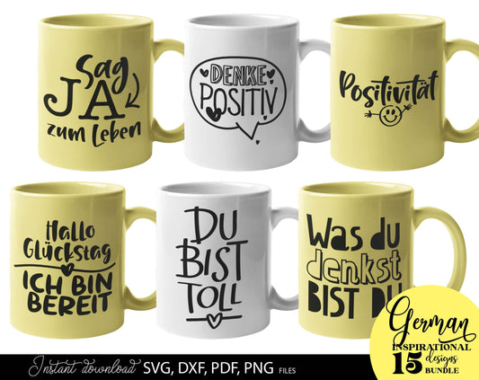 German Inspirational Quotes Plotter File SVG, PNG DXF JPG and PDF files included. Compatible with Cricut, Silhouette, Glowforge or other machines. Use for sublimation or laser cut projects as well. Buy now and enjoy! Discount prices available.