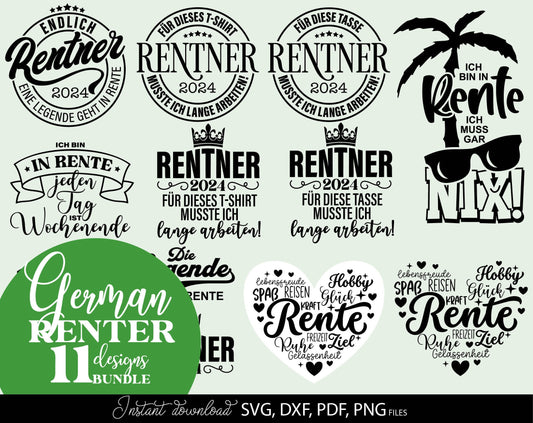 Deutsche Plotterdatei Rente and Rentner Sprüche designs bundle for Your Opa or Oma gift ideas. SVG DXF PDF PNG files included. Compatible with Cricut, Silhouette or other equipment. Cut from vinyl, use for sublimation or laser cut or grave projects!