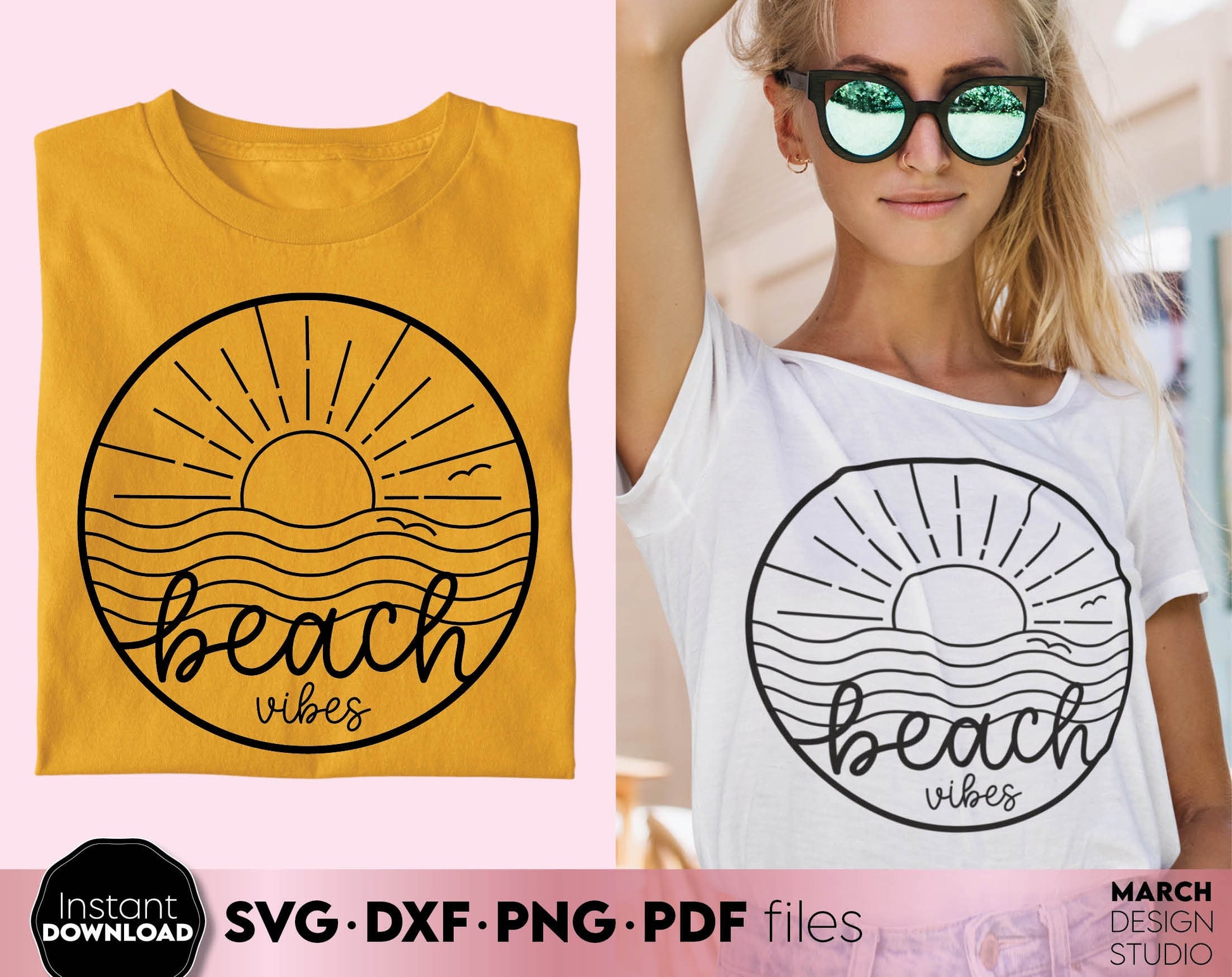 Beach vibes design with the sun and see on it. SVG DXF PNG PDF files included. Compatible with Cricut, Silhouette or other equipment. Cut from vinyl, use for sublimation or laser cut or grave projects. Buy now for a good price and enjoy!