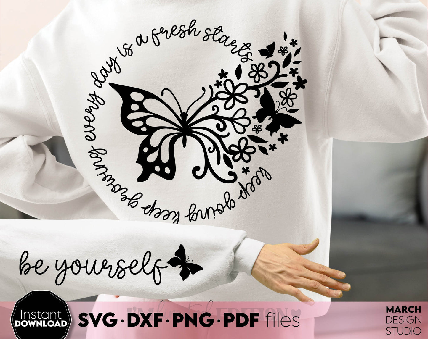 Be Yourself motivational quote design with flowers and butterfly on it. Usable for your summer shirt or hoodie design. SVG DXF PNG PDF files included. Compatible with Cricut, Silhouette or other equipment. Cut from vinyl, use for sublimation or laser