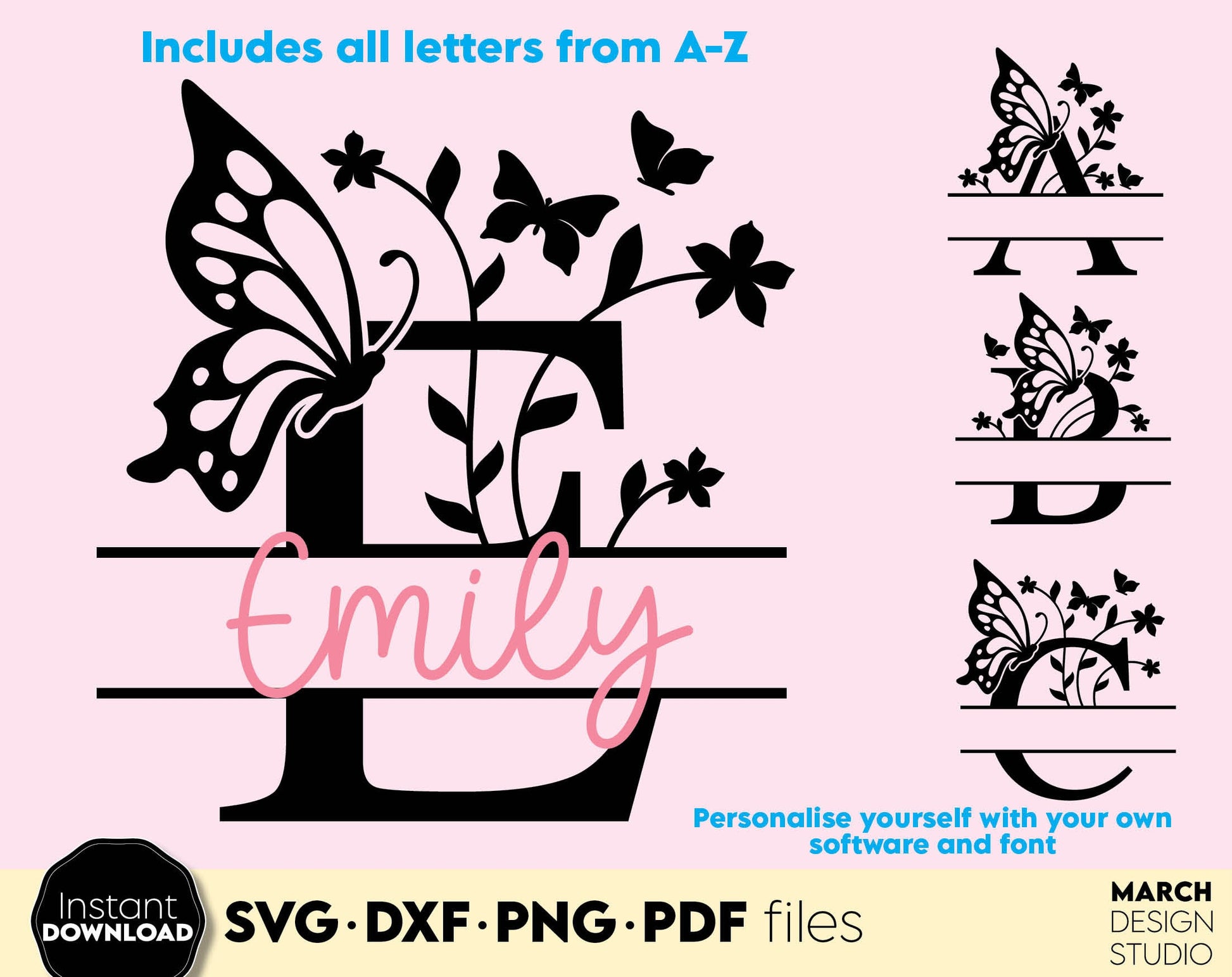 Butterfly Split Monogram Alphabet Letter Bundle for Your Birthday, Easter or other custom gift ideas. SVG DXF PNG PDF files included. Compatible with Cricut, Silhouette or other equipment. Cut from vinyl, use for sublimation or laser cut or grave.