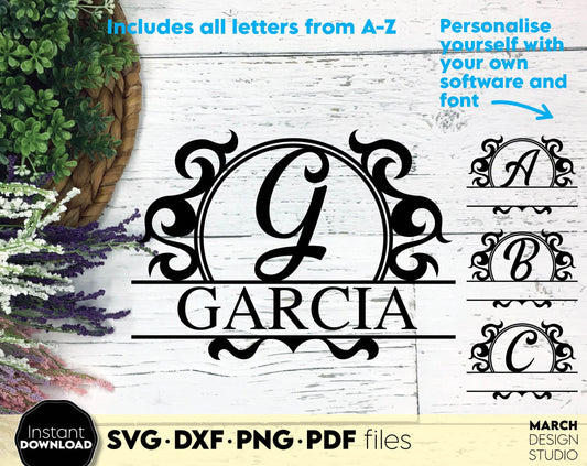 Custom Family Name Monogram Sign for Your home decoration, wedding or other gift ideas. SVG DXF PNG PDF files included. Compatible with Cricut, Silhouette or other equipment. Cut from vinyl, use for sublimation or laser cut or grave projects. Enjoy!