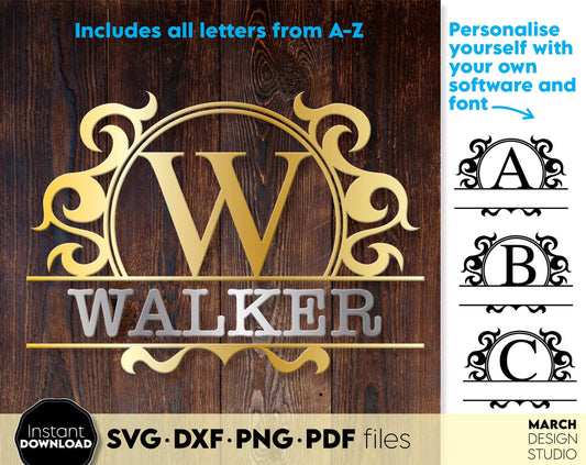 Custom Family Name Monogram Sign for Your home decoration, wedding or other gift ideas. SVG DXF PNG PDF files included. Compatible with Cricut, Silhouette or other equipment. Cut from vinyl, use for sublimation or laser cut or grave projects. Enjoy!