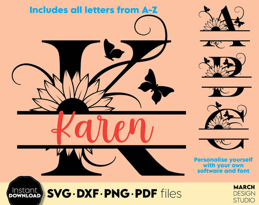 Butterfly Split Monogram Alphabet Letter Bundle for Your Birthday, Easter or other custom gift ideas. SVG DXF PNG PDF files included. Compatible with Cricut, Silhouette or other equipment. Cut from vinyl, use for sublimation or laser cut or grave.