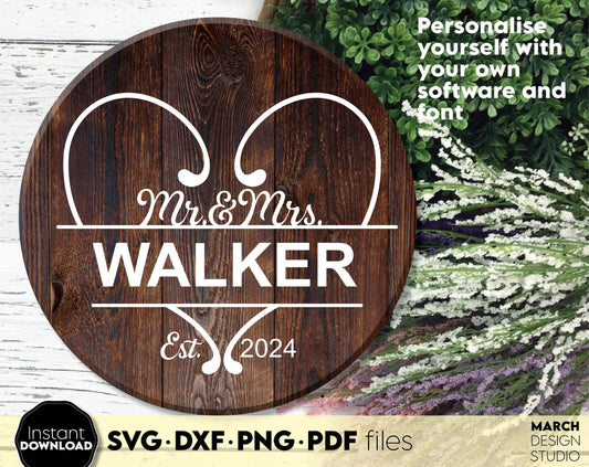 Mr. and Mrs. custom wedding sign with quote - A true love story never ends - on it! SVG DXF PNG PDF files included. Compatible with Cricut, Silhouette, sublimation printer or other equipment. Cut from vinyl, use for sublimation or laser cut projects!