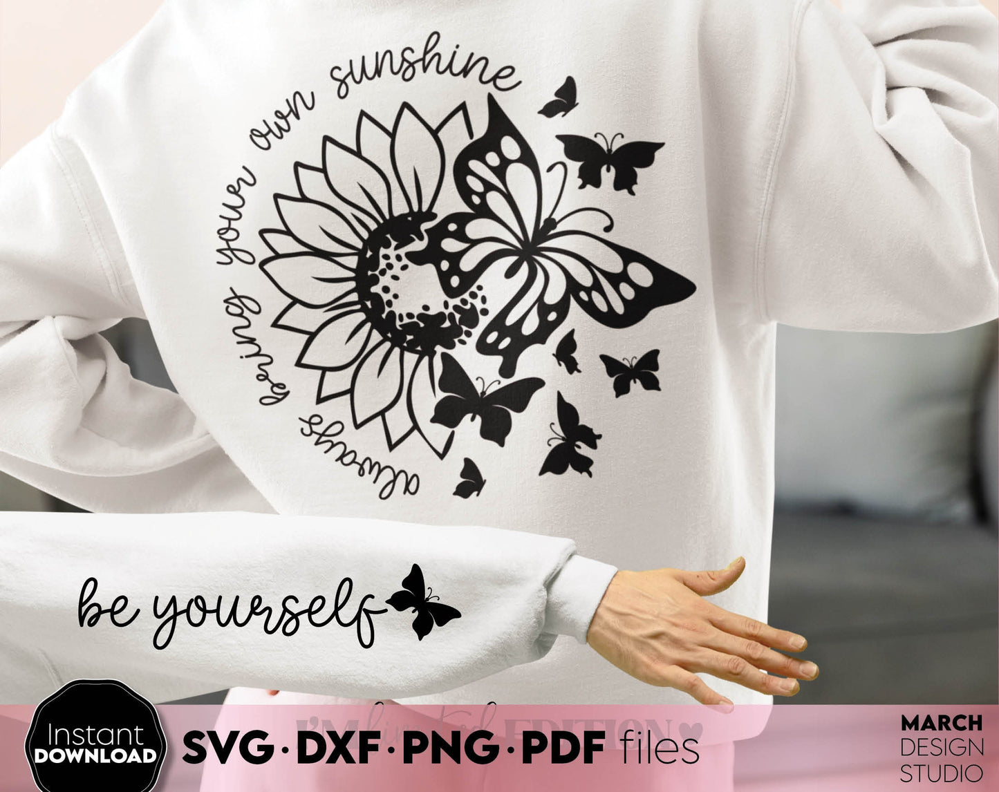 Always Bring Your Own Sunshine. Sunflower and butterfly on it! SVG DXF PNG PDF files included. Compatible with Cricut, Silhouette or other equipment. Cut from vinyl, use for sublimation or laser cut projects. Buy now for a good price and enjoy!