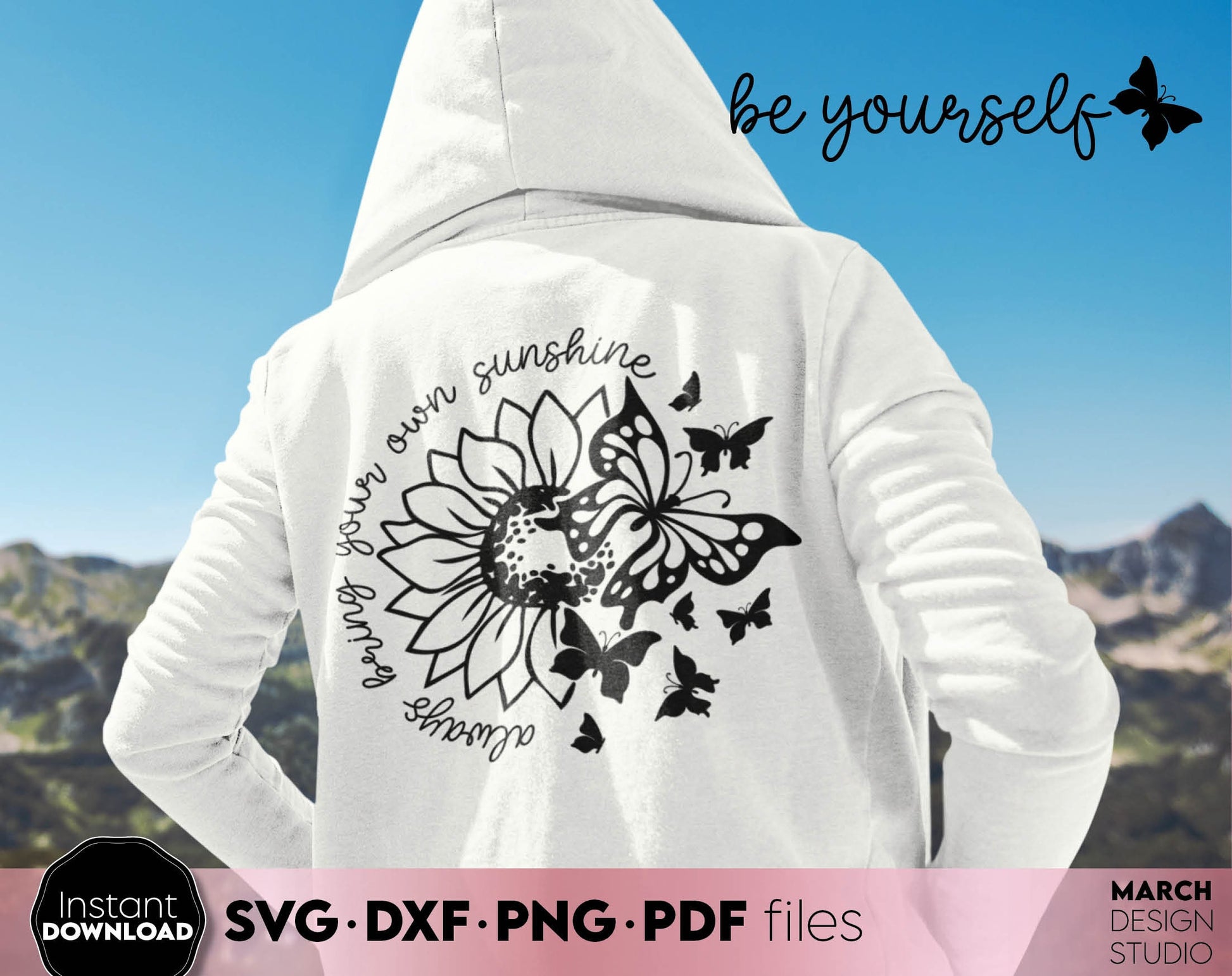 Always Bring Your Own Sunshine. Sunflower and butterfly on it! SVG DXF PNG PDF files included. Compatible with Cricut, Silhouette or other equipment. Cut from vinyl, use for sublimation or laser cut projects. Buy now for a good price and enjoy!