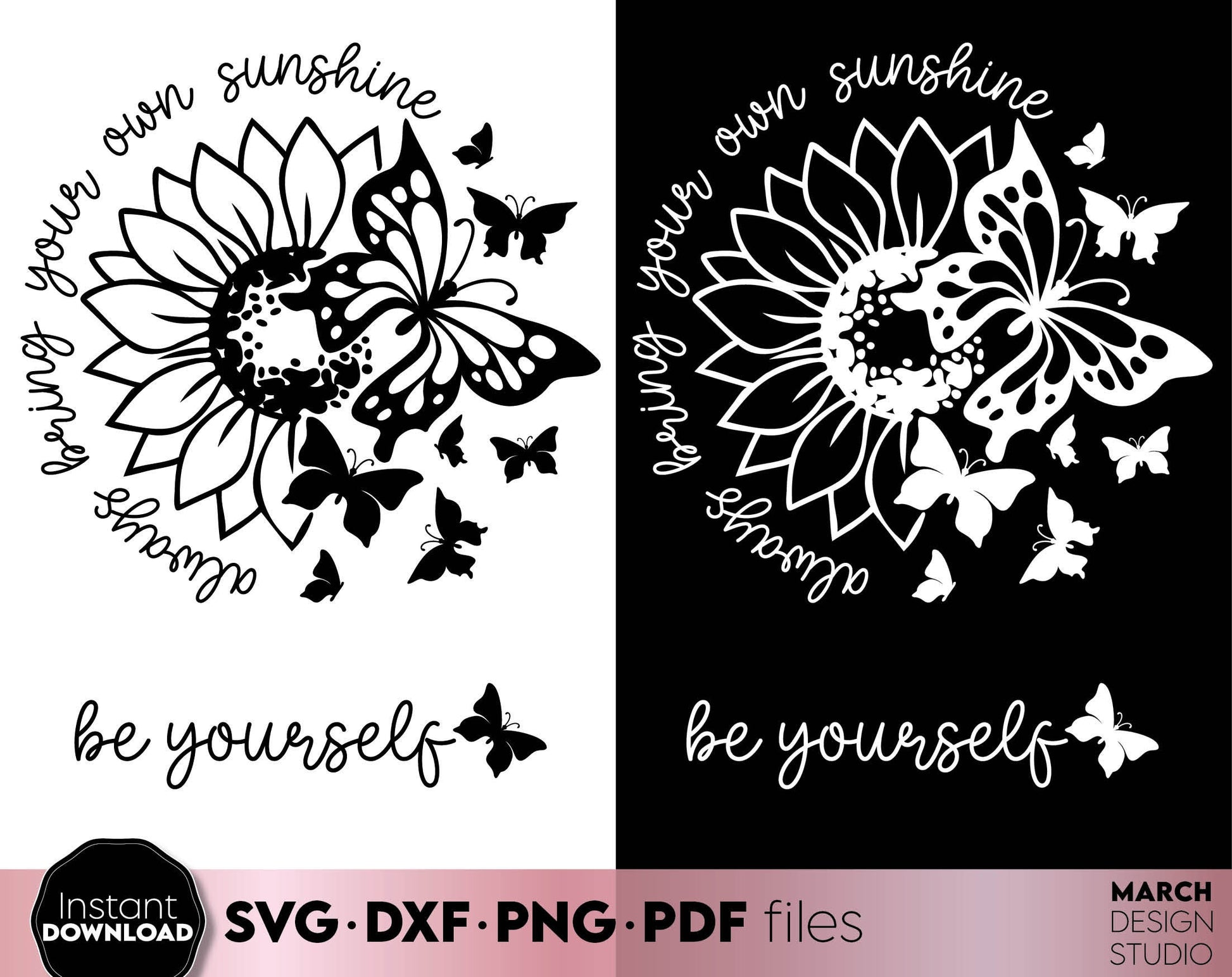 Always Bring Your Own Sunshine. Sunflower and butterfly on it! SVG DXF PNG PDF files included. Compatible with Cricut, Silhouette or other equipment. Cut from vinyl, use for sublimation or laser cut projects. Buy now for a good price and enjoy!