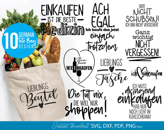Tote bag quotes German plotter file bundle svg png | Tasche sayings plotter files | Beutel quotes Svg Png | German plotter files for Cricut