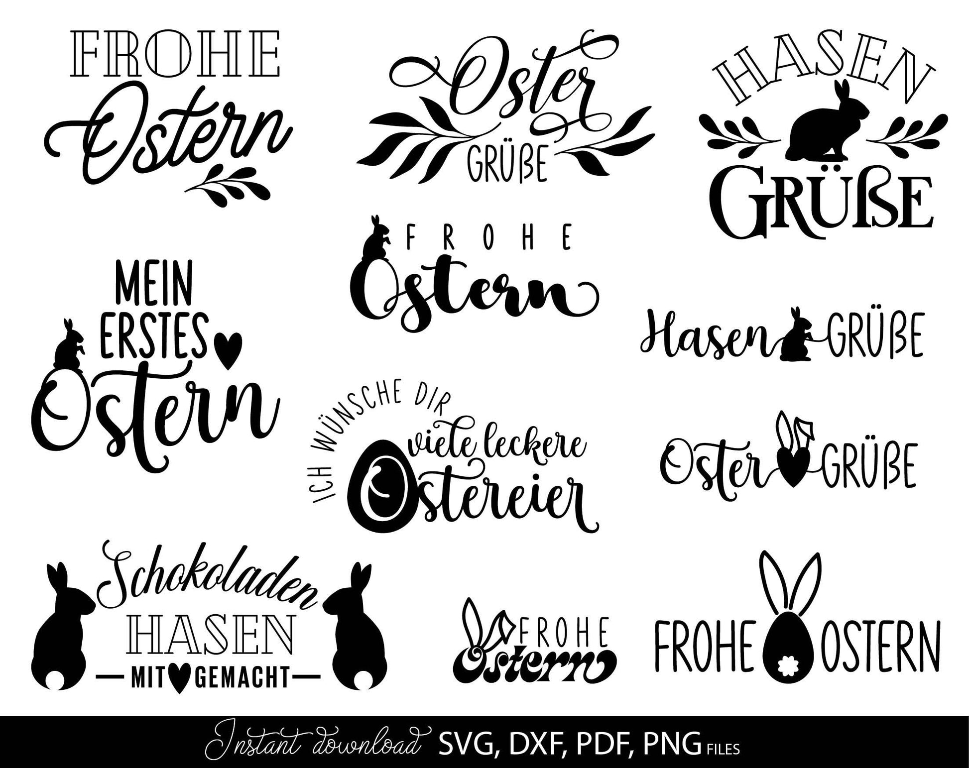 German Ostern Plotter File SVG DXF PNG | Spring Bunny Chick Heart Botanical Wreath | Cricut Silhouette Download Plotting Bundle Ostern