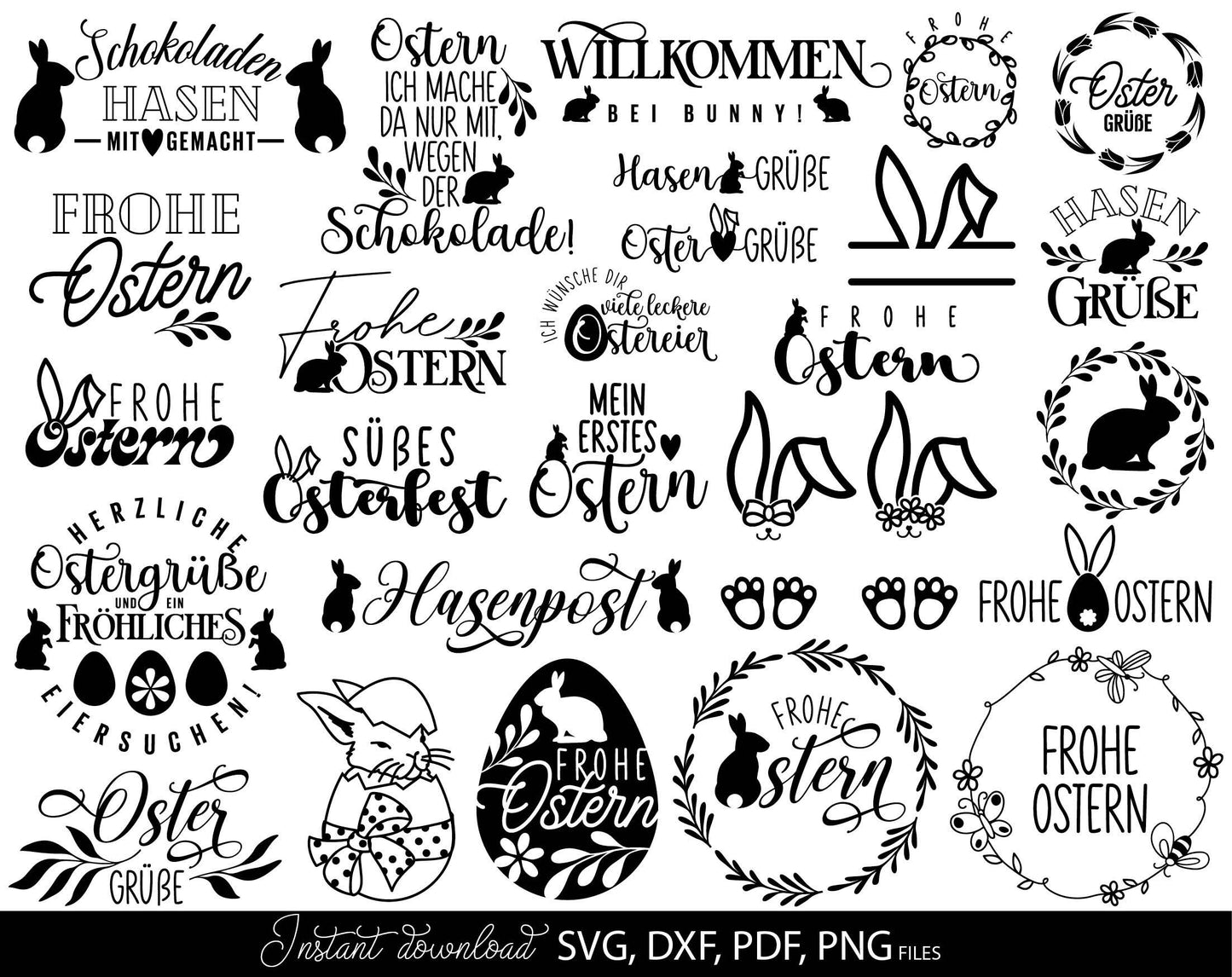 German Ostern Plotter File SVG DXF PNG | Spring Bunny Chick Heart Botanical Wreath | Cricut Silhouette Download Plotting Bundle Ostern