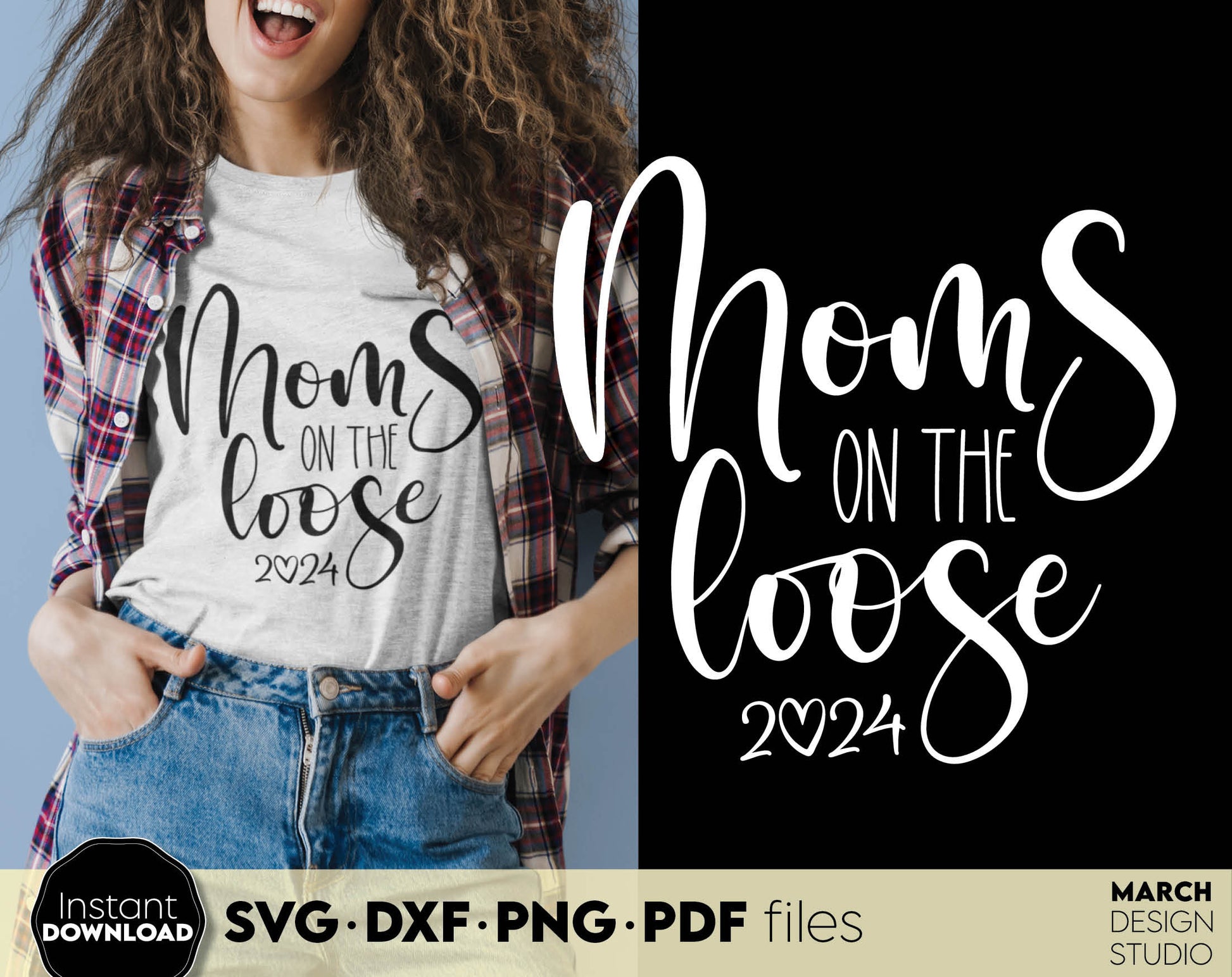 Mom on the loose design. SVG, PNG, JPG, EPS, DXF files included. Use for Cricut, Silhouette and other machines. Cut from vinyl, use for sublimation or laser cut projects. But now for a good price and enjoy!