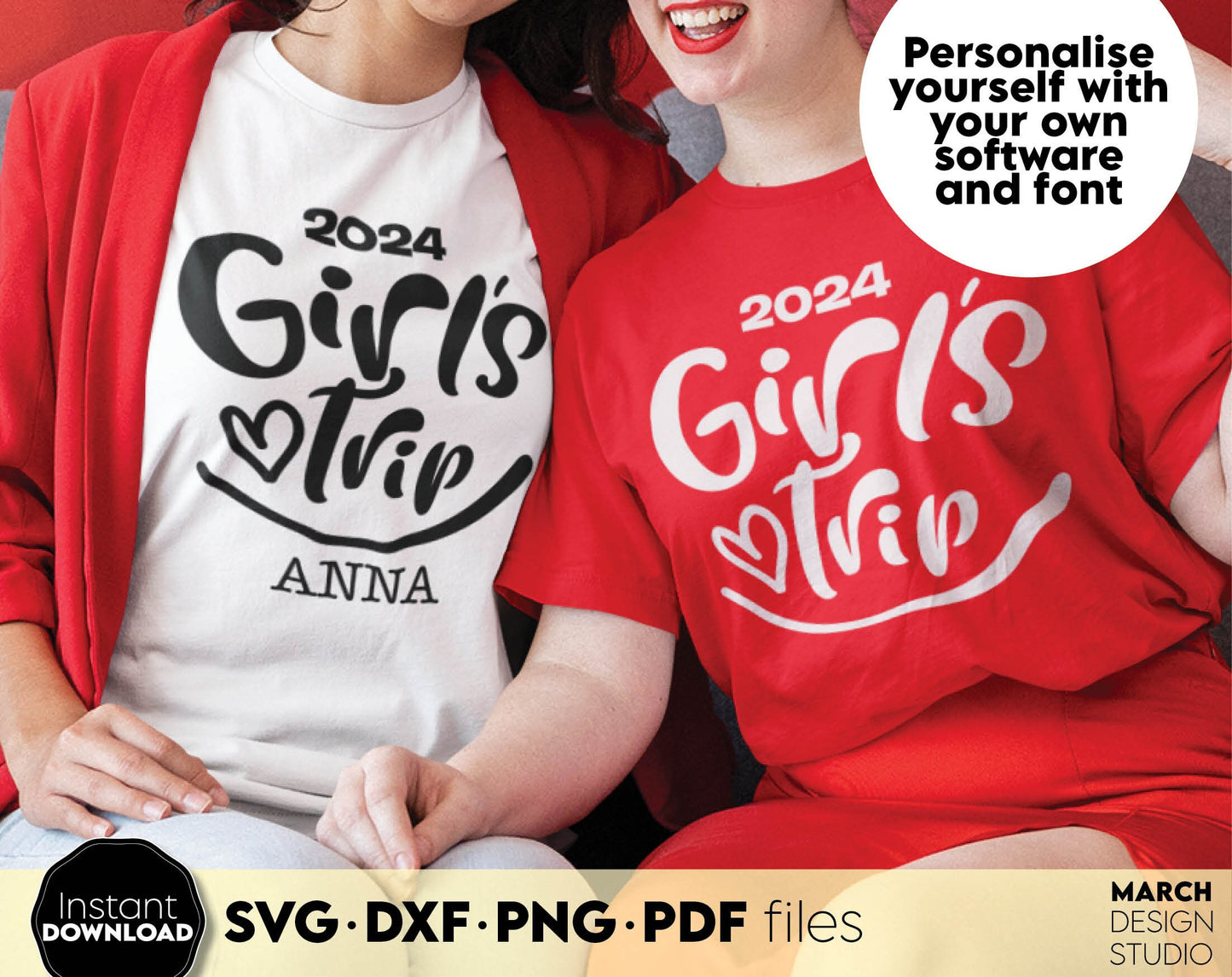 Custom Girls Trip 2024 shirt design with option put the name on it. SVG DXF PNG PDF files included. Compatible with Cricut, Silhouette or sublimation printers. Cut from vinyl, use for sublimation or laser projects. Buy now for a good price and enjoy!