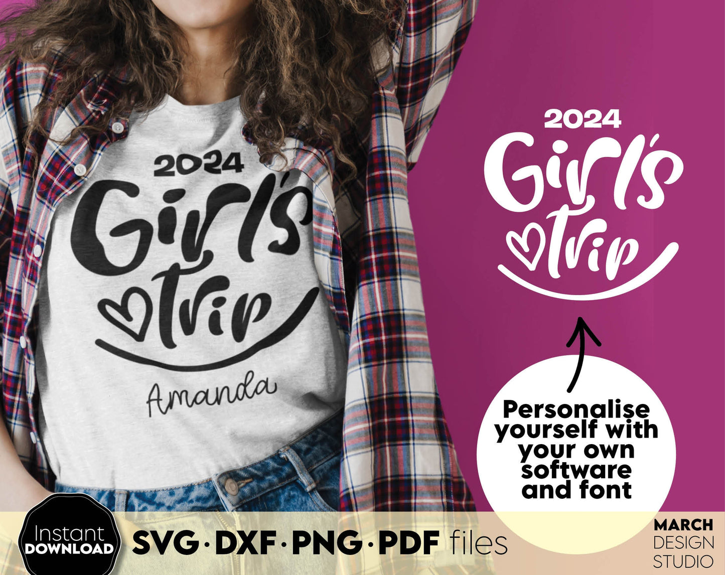 Custom Girls Trip 2024 shirt design with option put the name on it. SVG DXF PNG PDF files included. Compatible with Cricut, Silhouette or sublimation printers. Cut from vinyl, use for sublimation or laser projects. Buy now for a good price and enjoy!