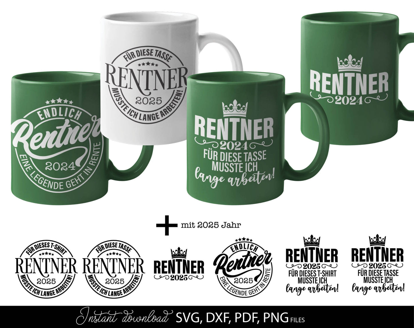 Deutsche Plotterdatei Rente and Rentner Sprüche designs bundle for Your Opa or Oma gift ideas. SVG DXF PDF PNG files included. Compatible with Cricut, Silhouette or other equipment. Cut from vinyl, use for sublimation or laser cut or grave projects!