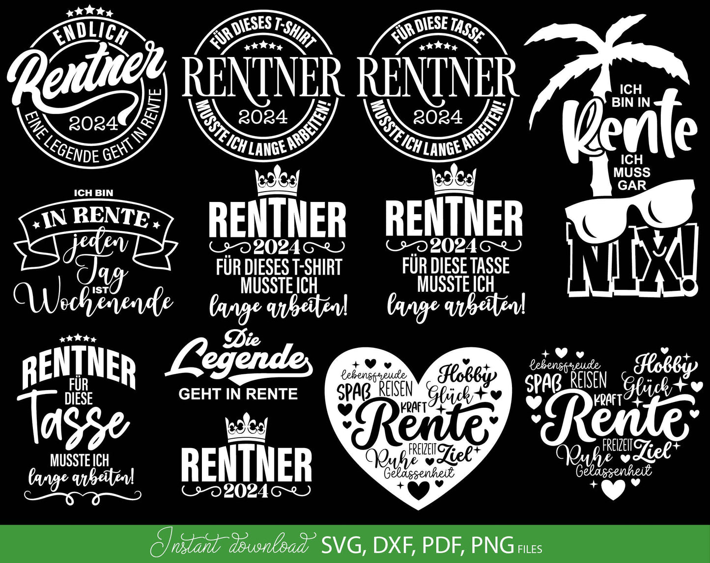 Deutsche Plotterdatei Rente and Rentner Sprüche designs bundle for Your Opa or Oma gift ideas. SVG DXF PDF PNG files included. Compatible with Cricut, Silhouette or other equipment. Cut from vinyl, use for sublimation or laser cut or grave projects!